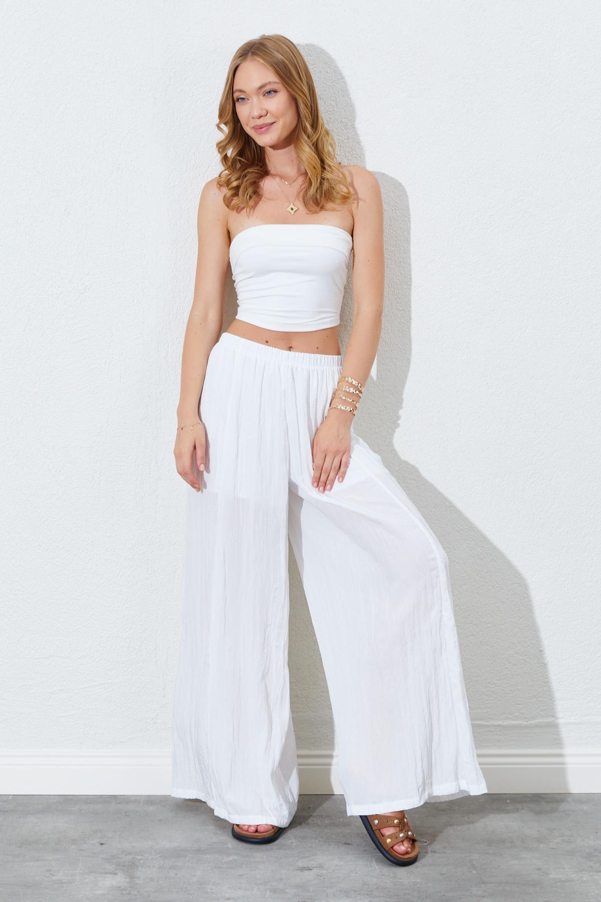 Kadın Beli Lastikli Bol Paça Kırışık Pantolon