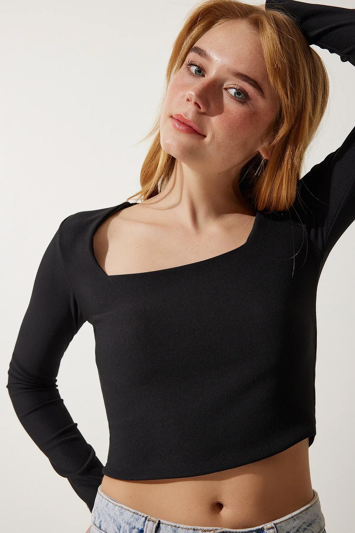 Kadın Kare Yaka Ottoman Kumaş Crop Bluz