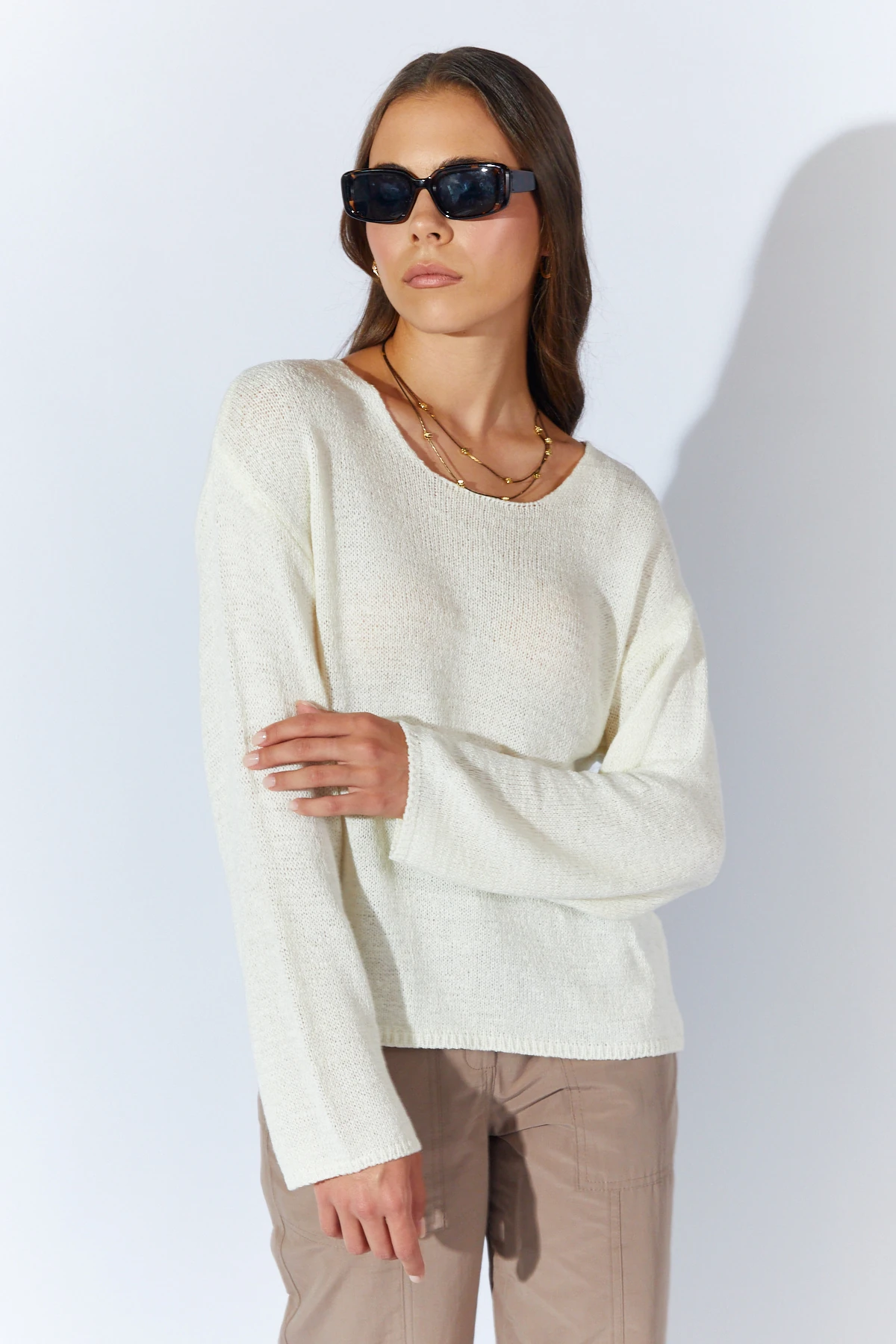 Kadın U Yaka Kolları Salaş Basic Triko Kazak