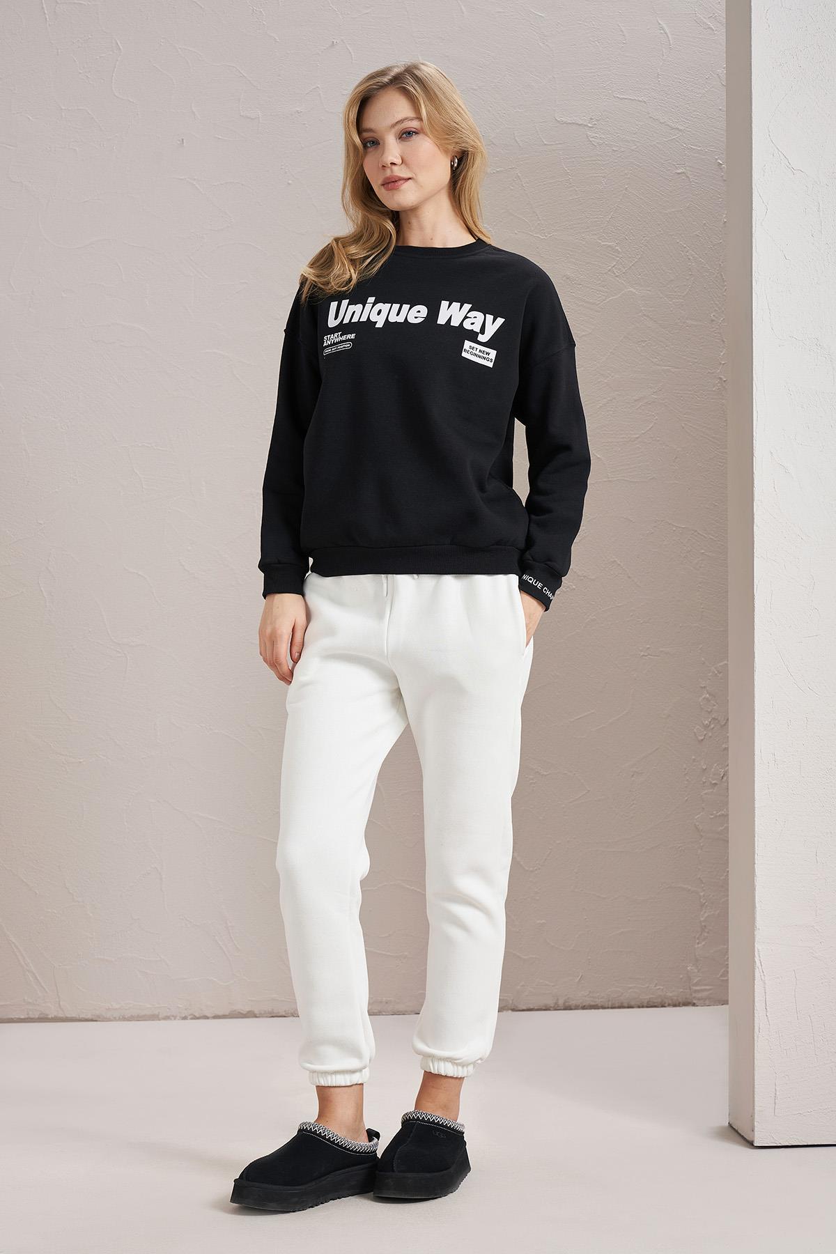 Kadın Bisiklet Yaka Unique Way Baskılı Üç İplik Sweatshirt