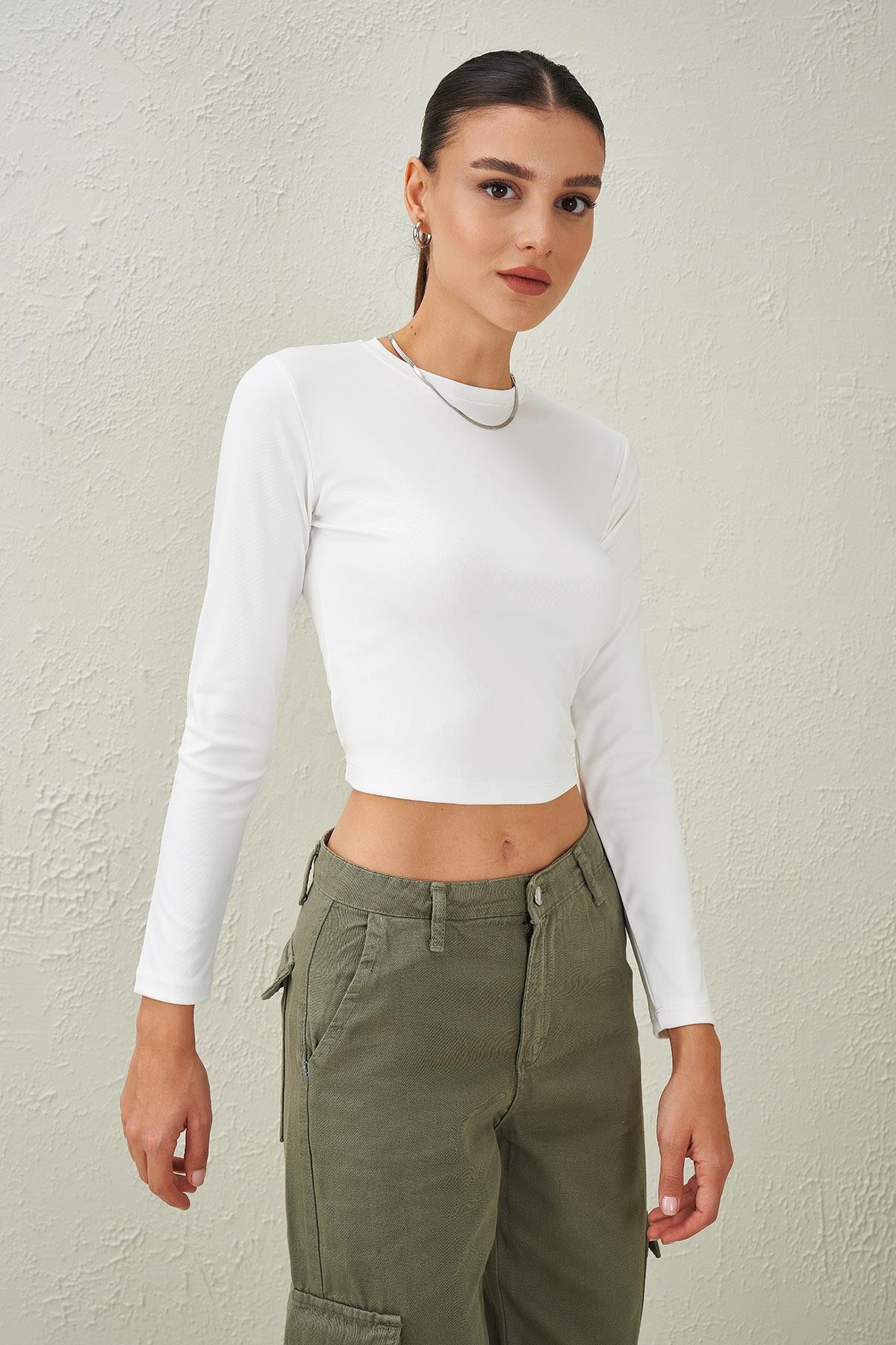 Kadın Bisiklet Yaka Scuba Kumaş Crop Bluz