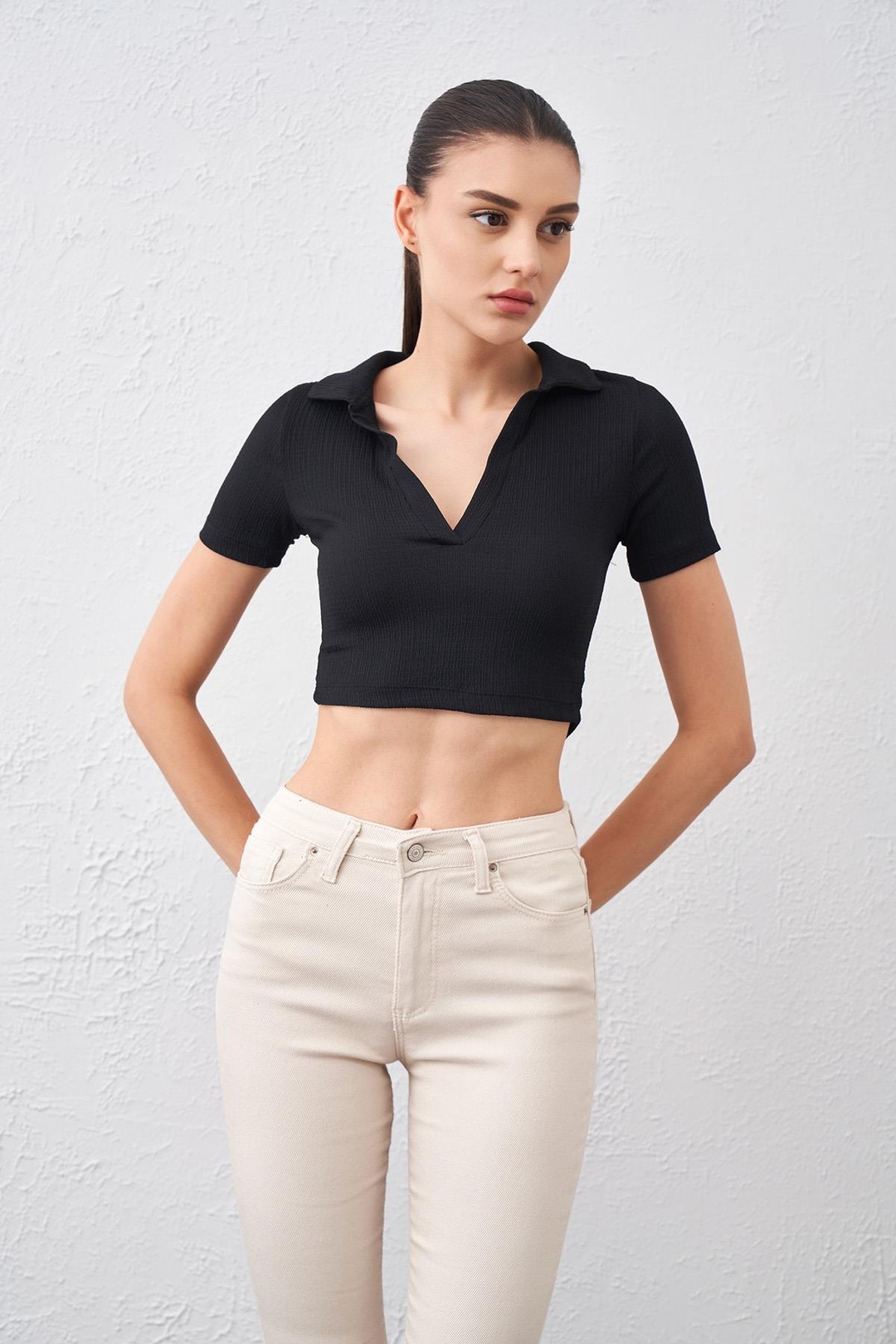 Kadın Polo Yaka Bürümcük Kumaş Crop