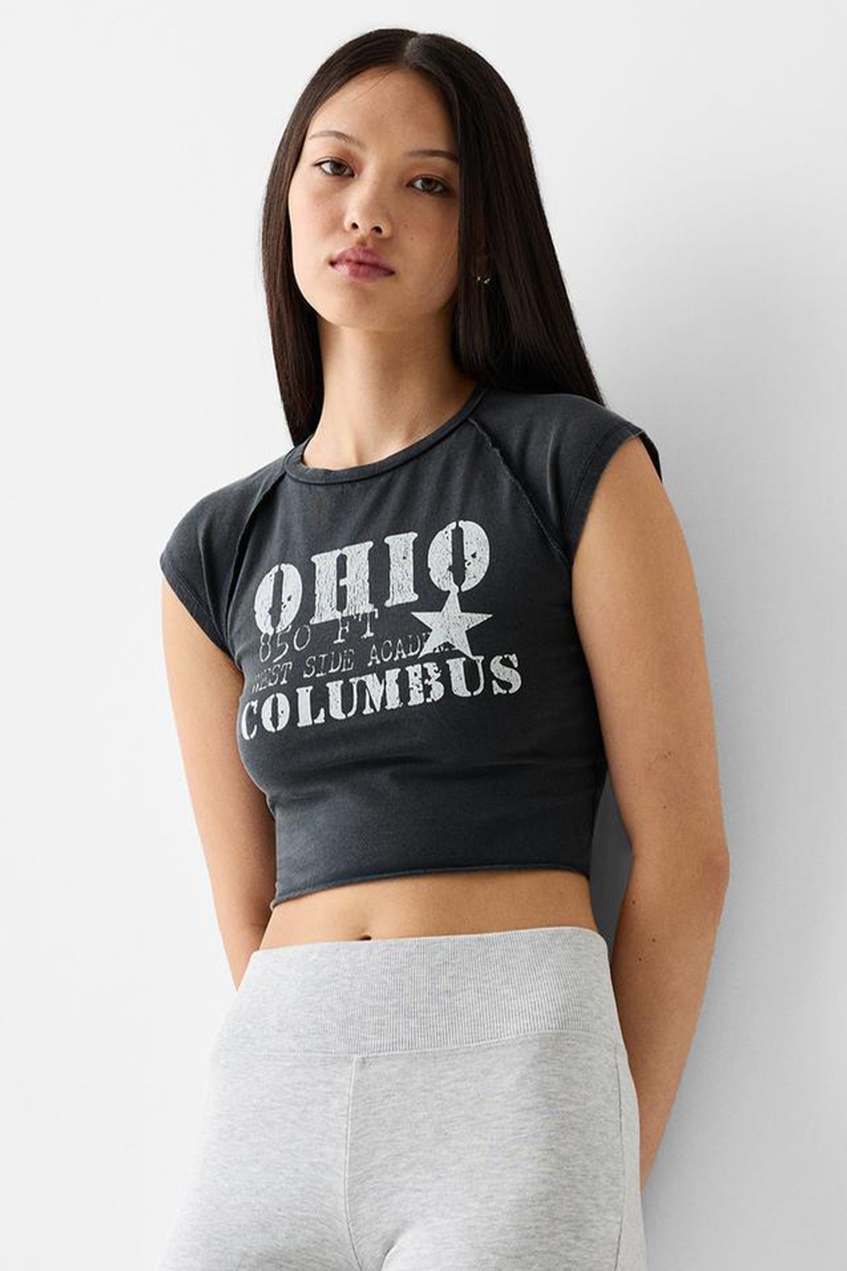 Kadın Bisiklet Yaka Ohio Baskılı Yıkama Crop Tişört
