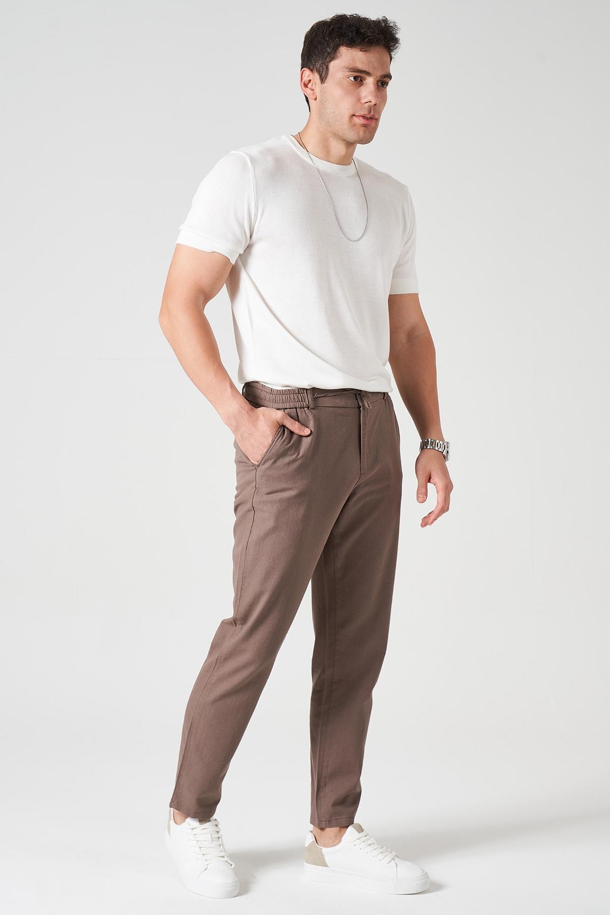 Erkek Beli Yarım Lastikli İpli Fermuarlı Nergis Keten Pantolon