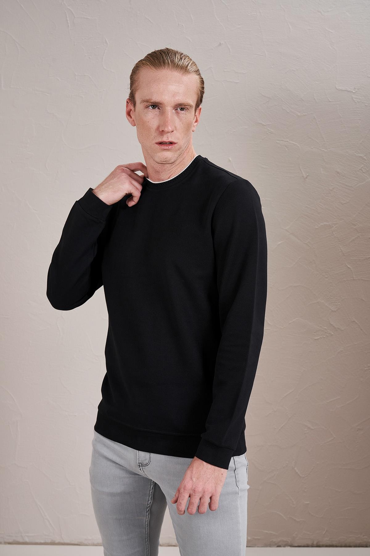 Erkek Bisiklet Yaka İnterlok Trikolu Sweatshirt