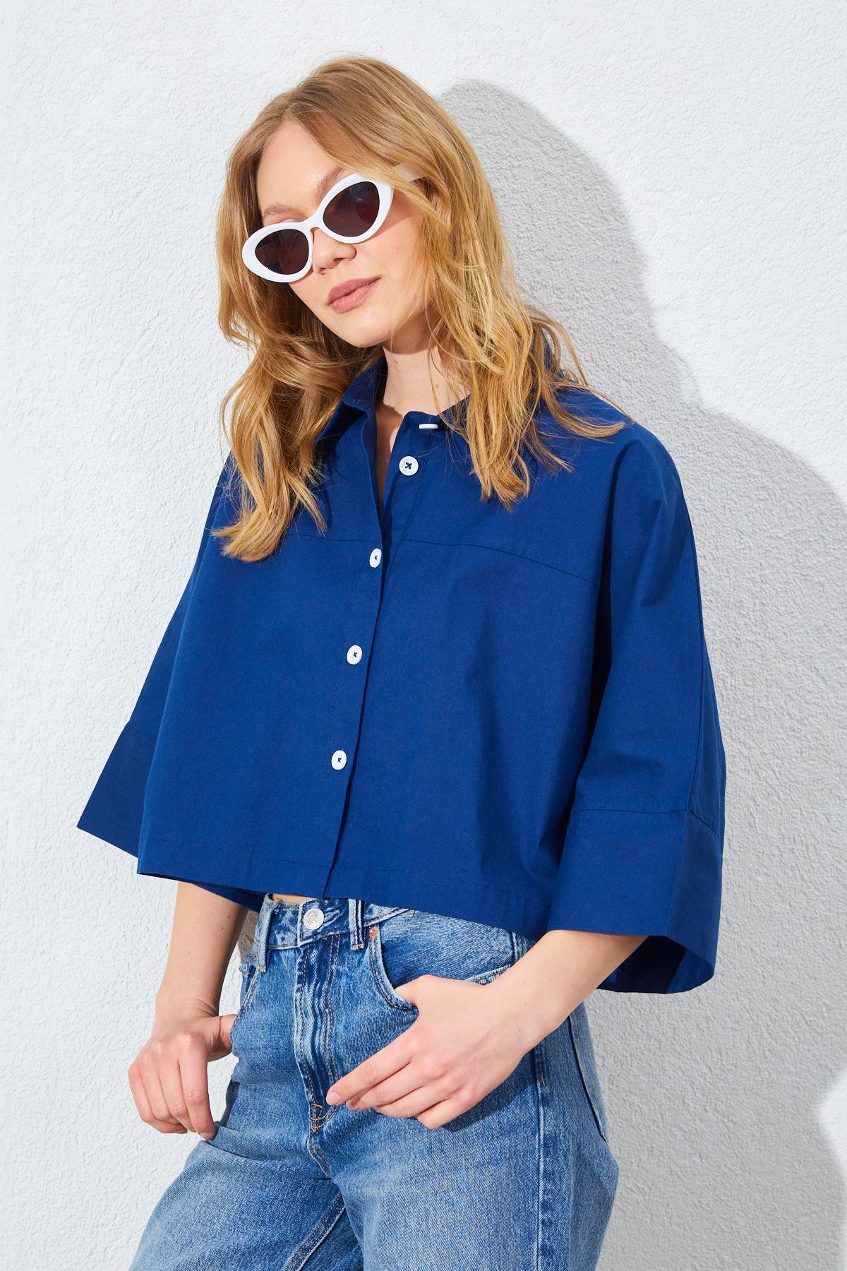 Kadın Düşük Kol Çımalı Crop Poplin Gömlek