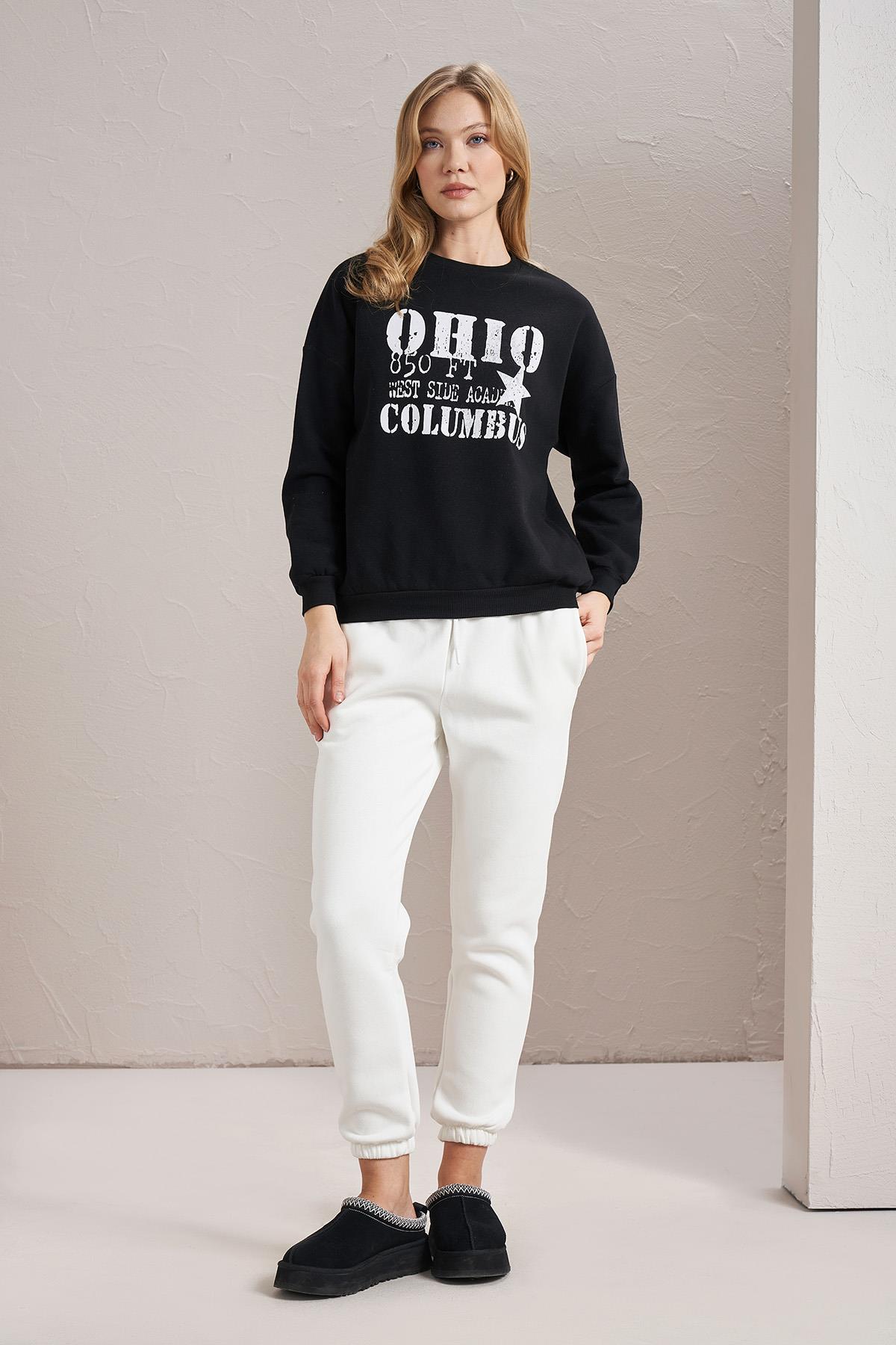 Kadın Bisiklet Yaka Ohio Baskılı Üç İplik Sweatshirt