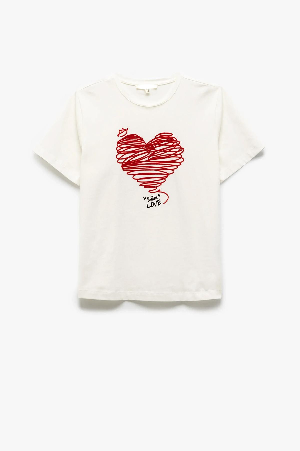 Kadın Bisiklet Yaka Kalp ve Endless Love Baskılı Tişört