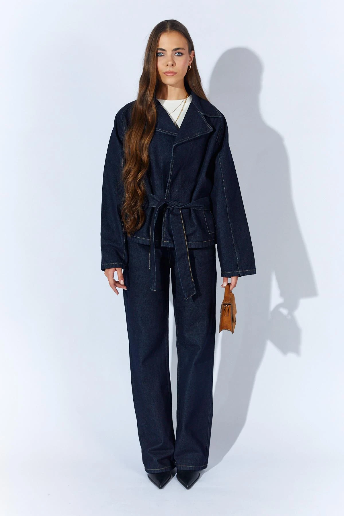 Kadın Kruvaze Kuşalı Ceket Palazzo Pantolonlu Jean Takım