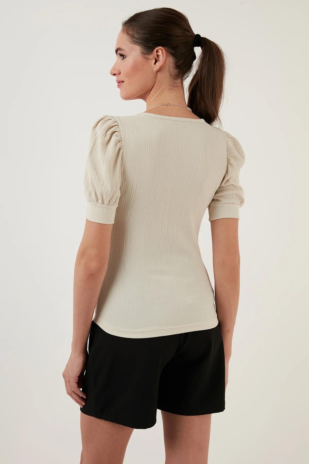 Kadın Balon Kol Kare Bürümcük Kumaş Bluz