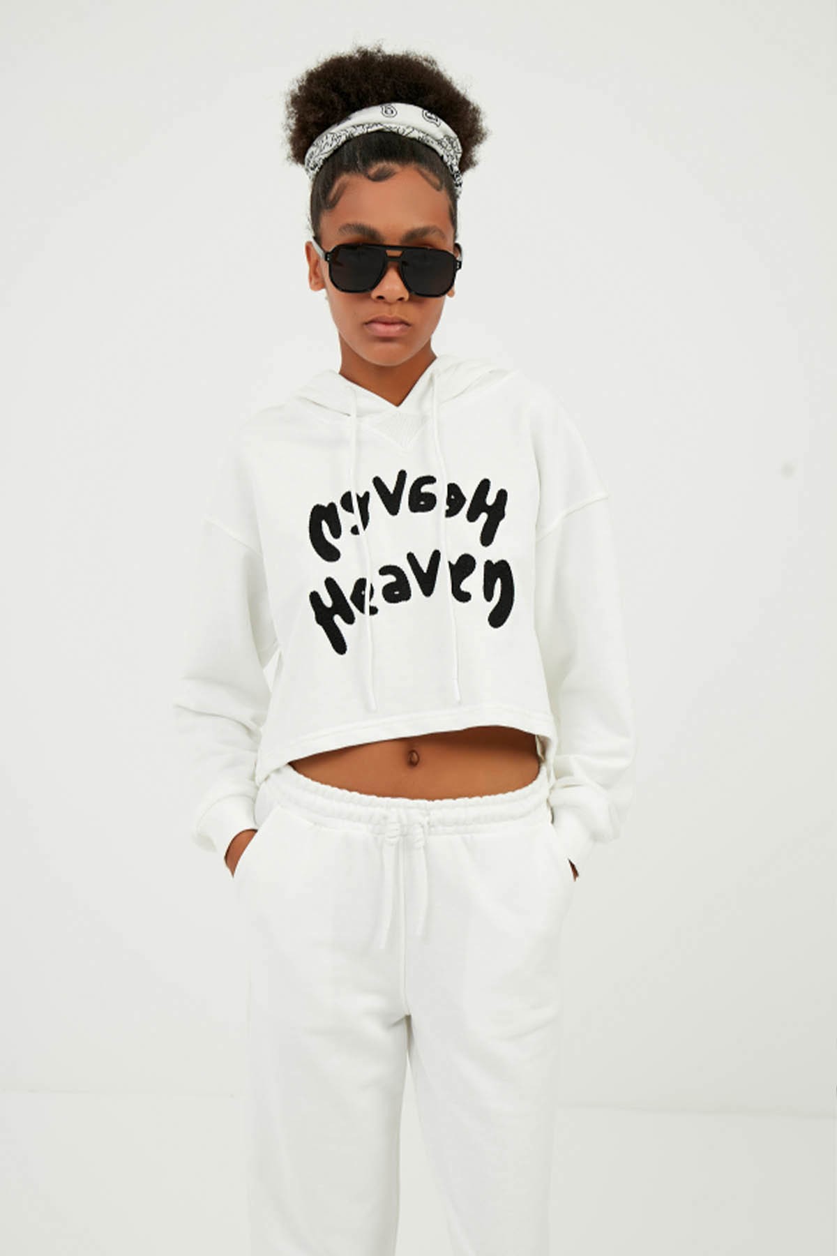 Kadın Kapüşonlu Heaven Yazılı Sweatshirt Eşofman Altı Takım