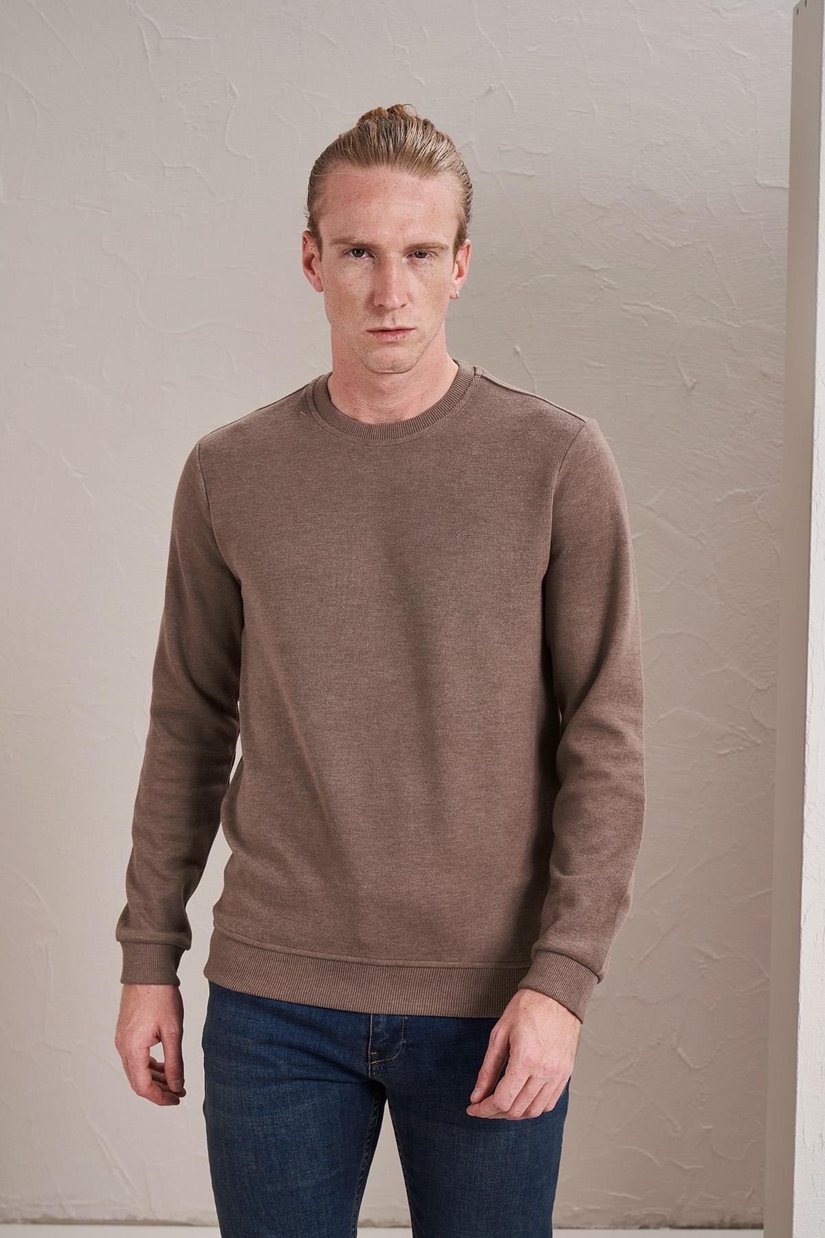 Erkek (2304)Bisiklet Yaka Basic Selanik Sweatshirt - Sütlü Kahve