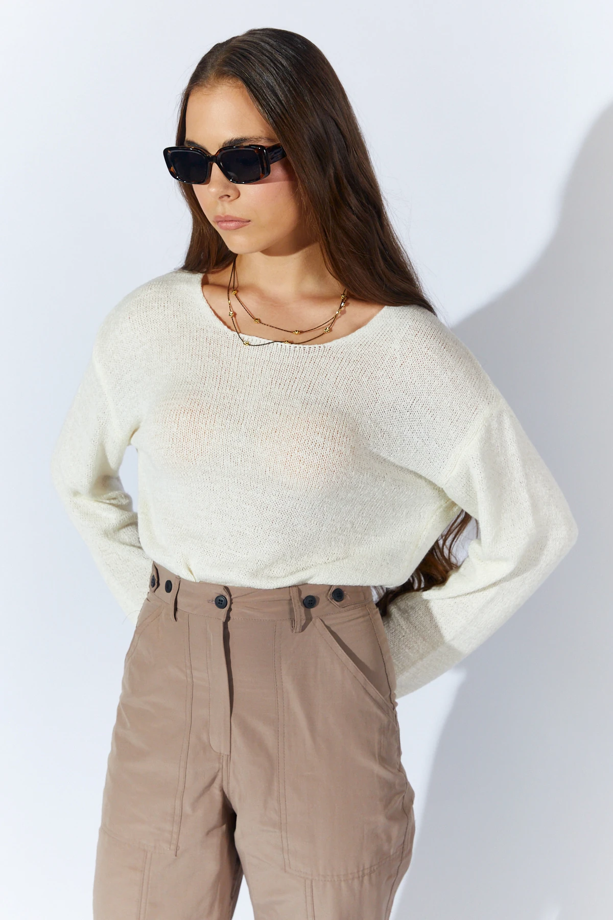 Kadın U Yaka Kolları Salaş Basic Triko Kazak