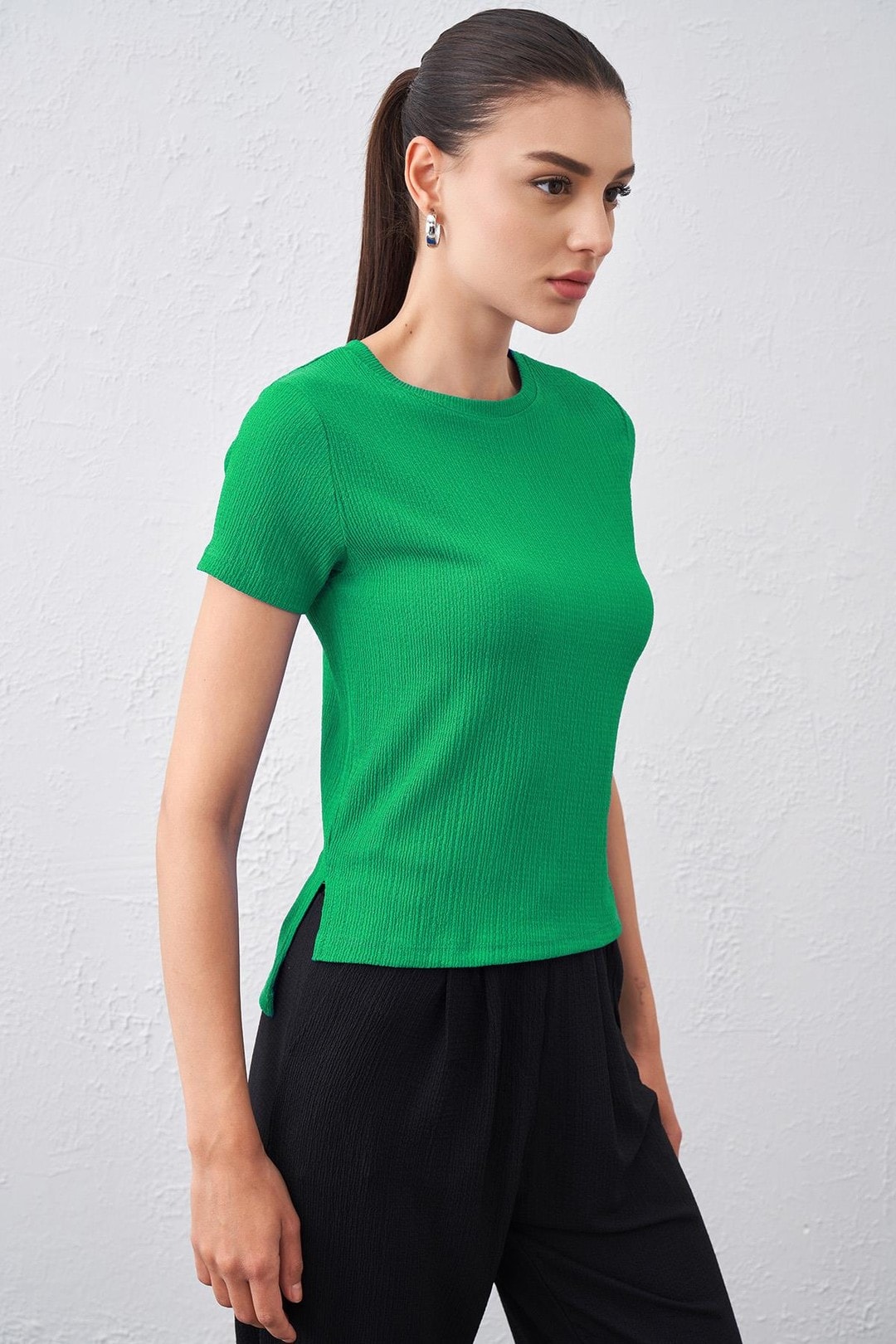 Kadın Bisiklet Yaka Bürümcük Kumaş Bluz