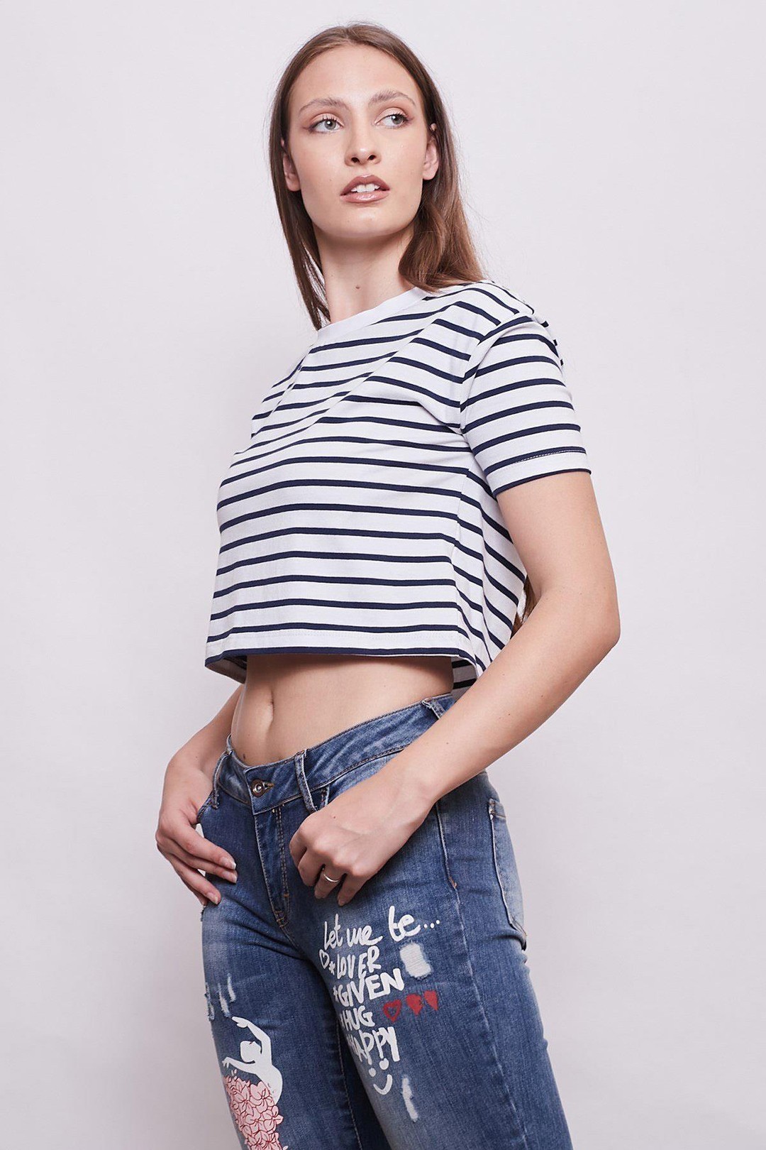 Kadın Bisiklet Yaka Çizgili Crop Tişört