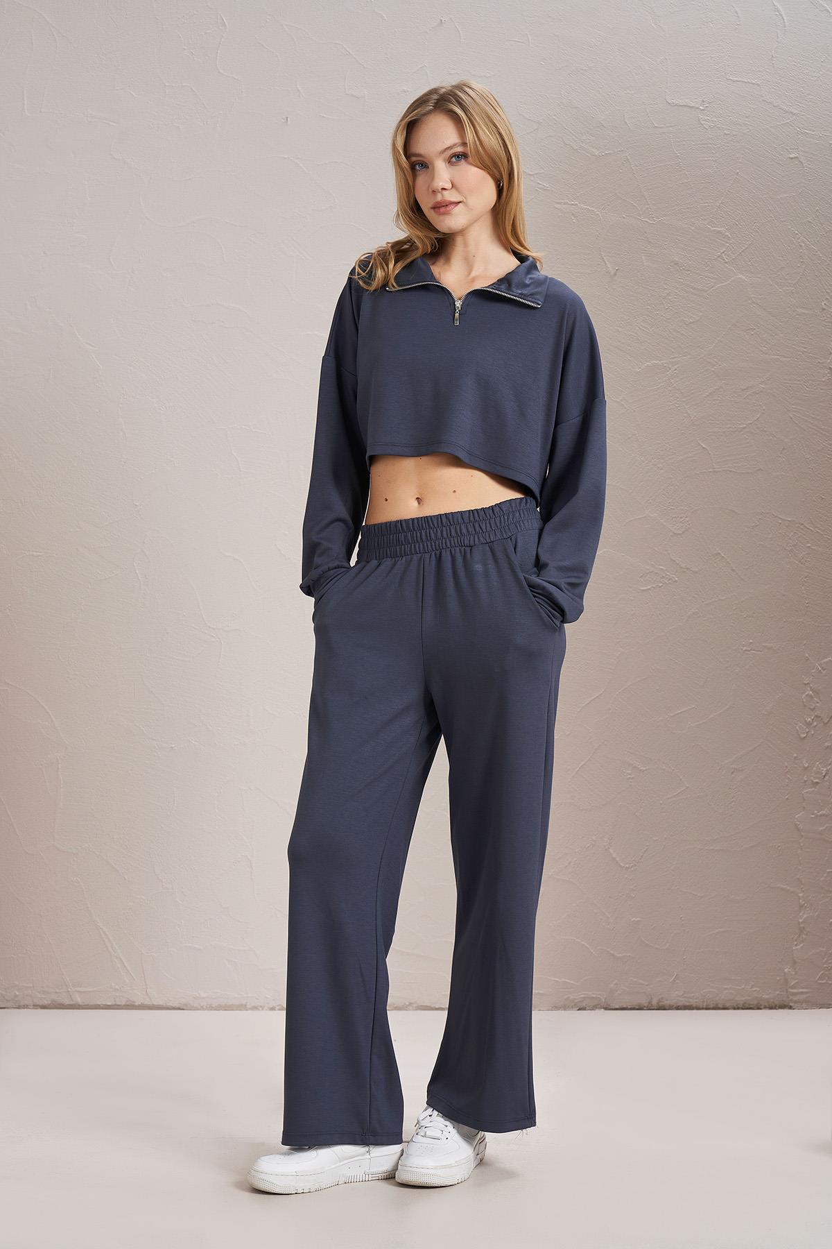 Kadın Modal Kumaş Fermuarlı Crop Eşofman Takım