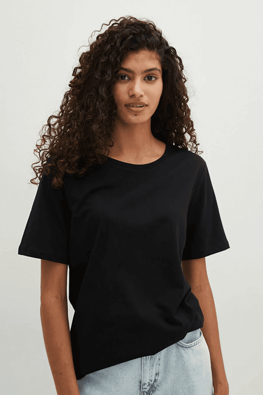 Kadın Bisiklet Yaka Oversize Basic Süprem Tişört - Siyah