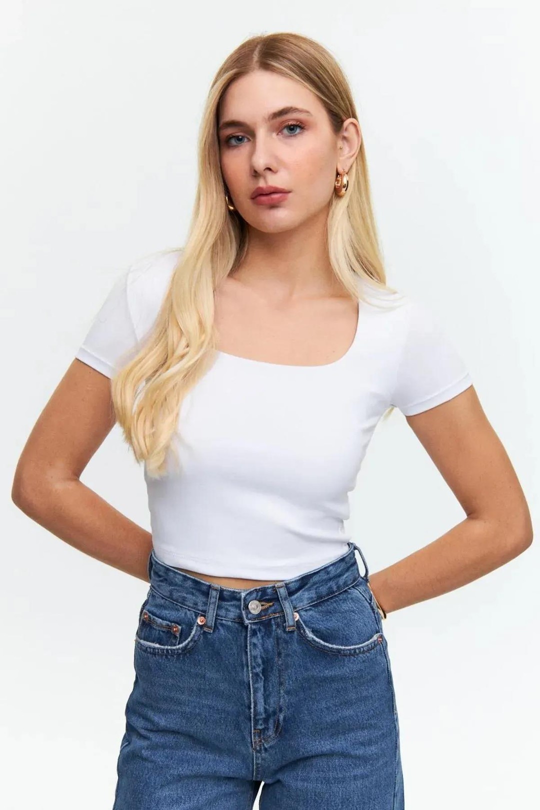 Kadın (3872) Kare Yaka Likralı Crop Tişört