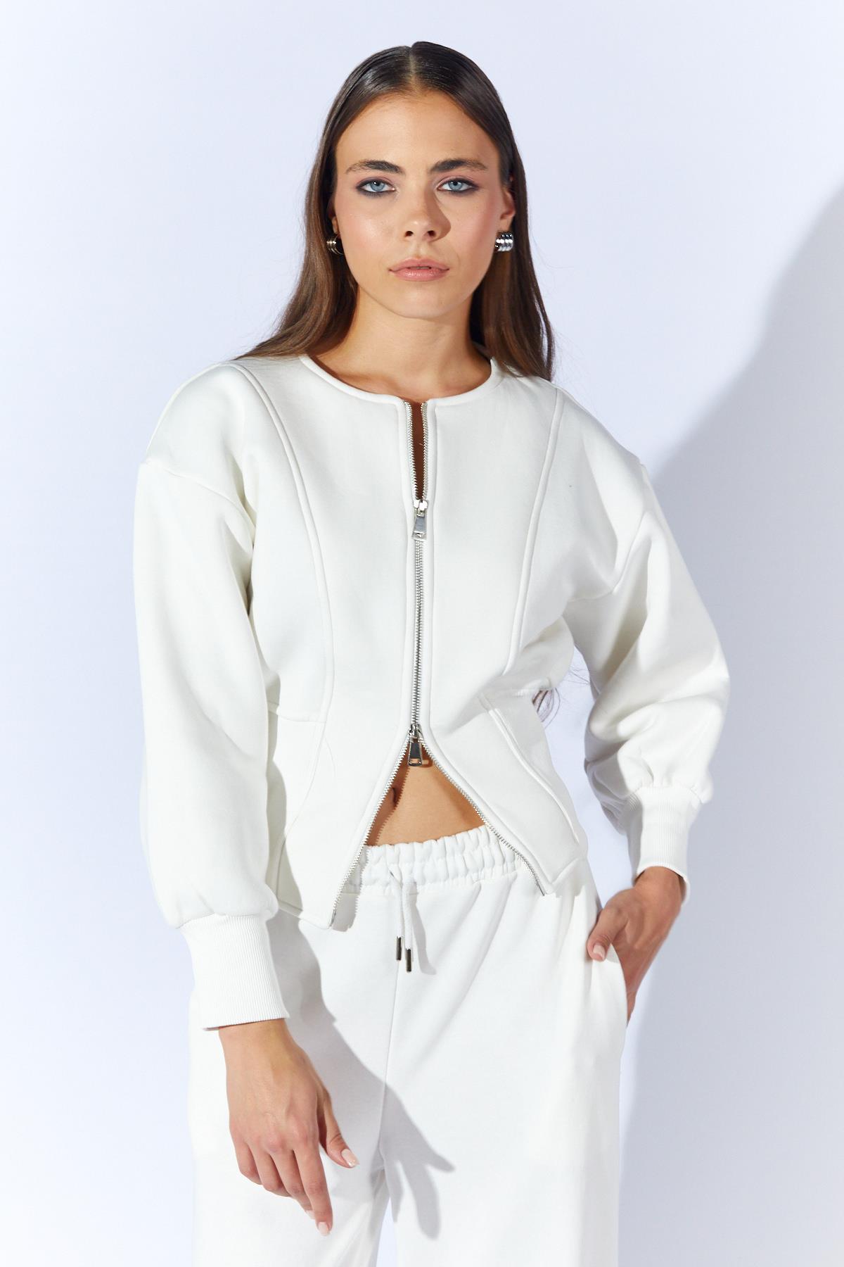Kadın Kalın Ribana Detaylı Fermuarlı Üç İplik Sweatshirt