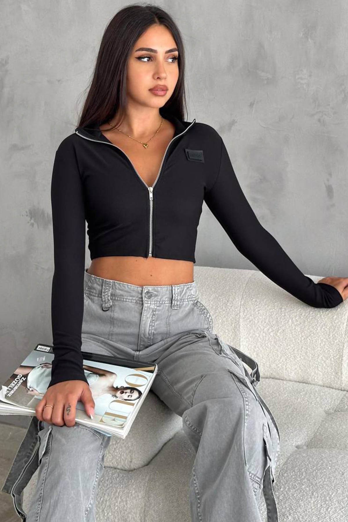 Kadın Fashion Armalı Fermuarlı Crop Bluz