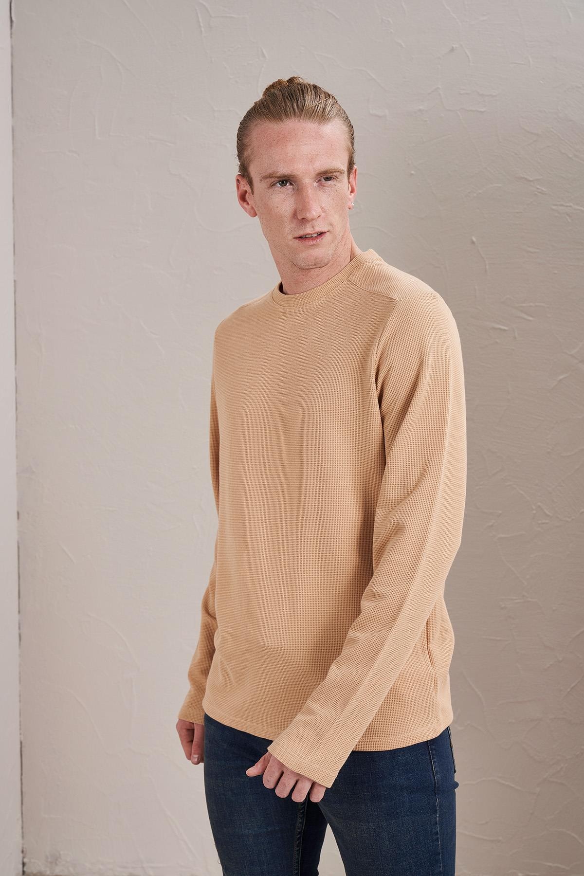 Erkek Bisiklet Yaka Waffle Sweatshirt