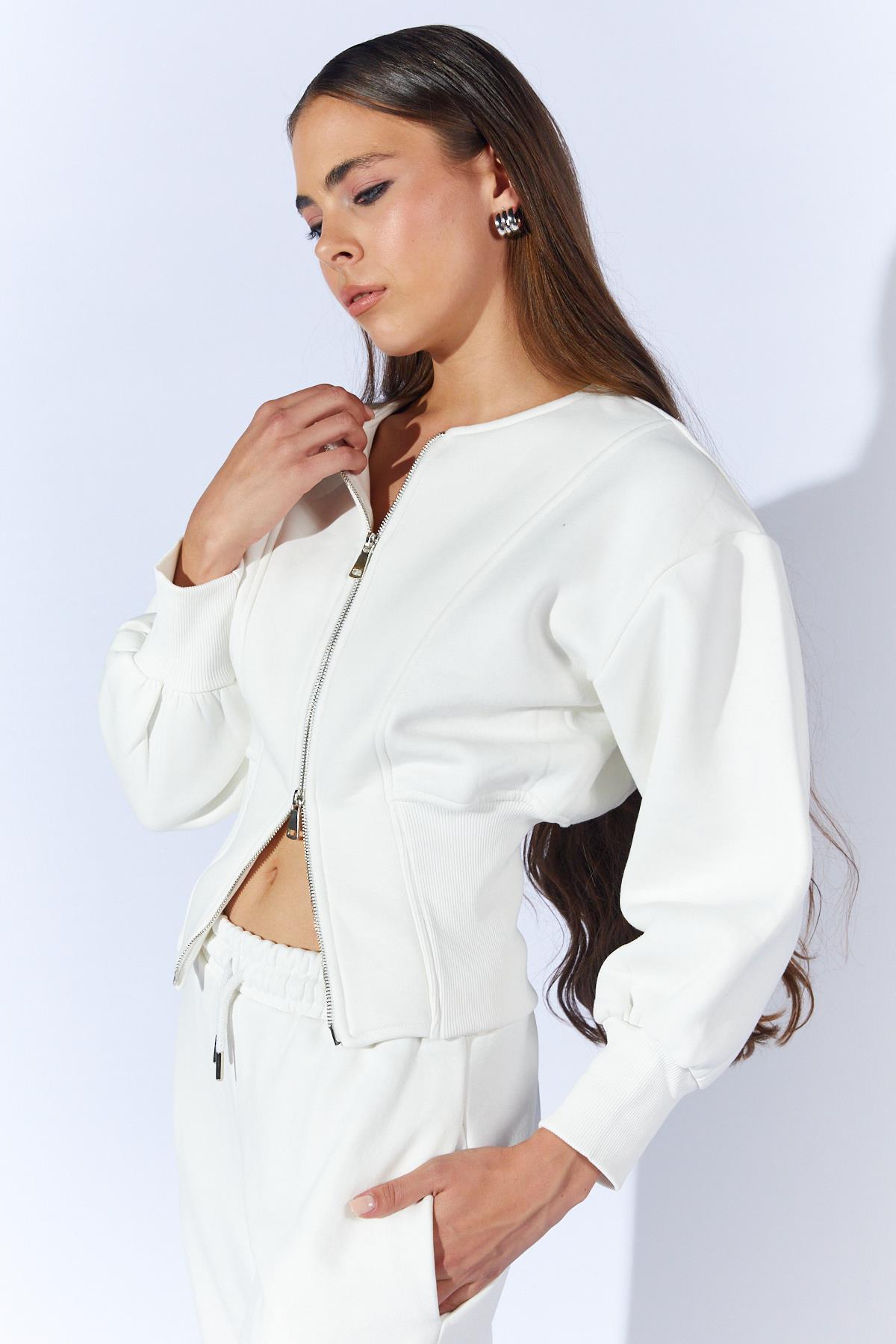 Kadın Kalın Ribana Detaylı Fermuarlı Üç İplik Sweatshirt