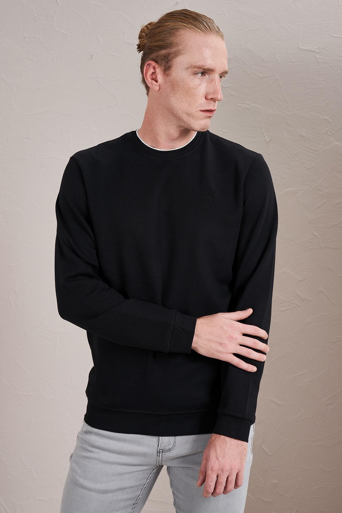 Erkek Bisiklet Yaka İnterlok Trikolu Sweatshirt