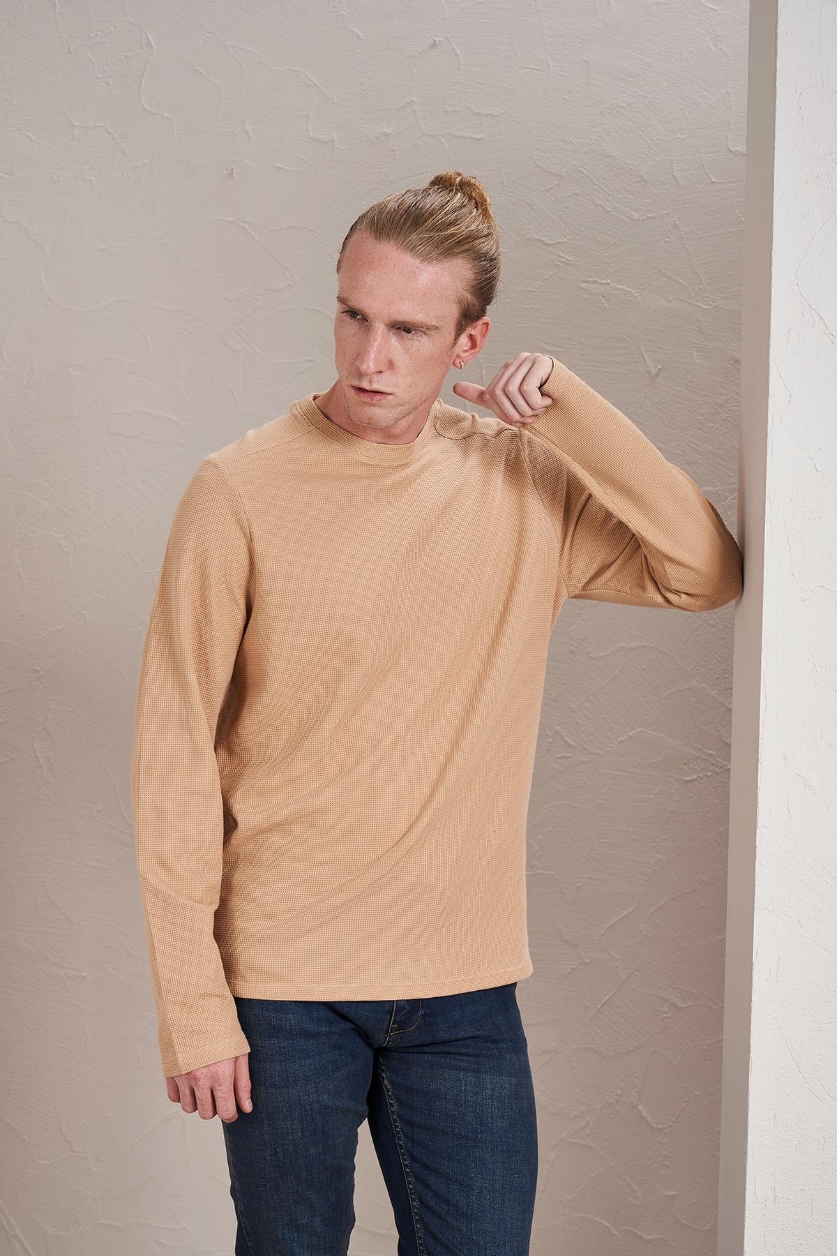 Erkek Bisiklet Yaka Waffle Sweatshirt