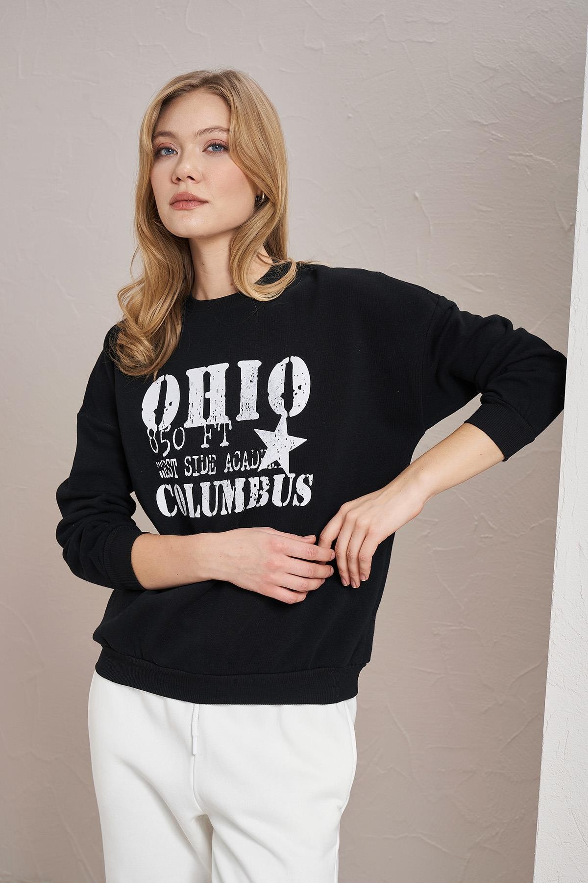 Kadın Bisiklet Yaka Ohio Baskılı Üç İplik Sweatshirt