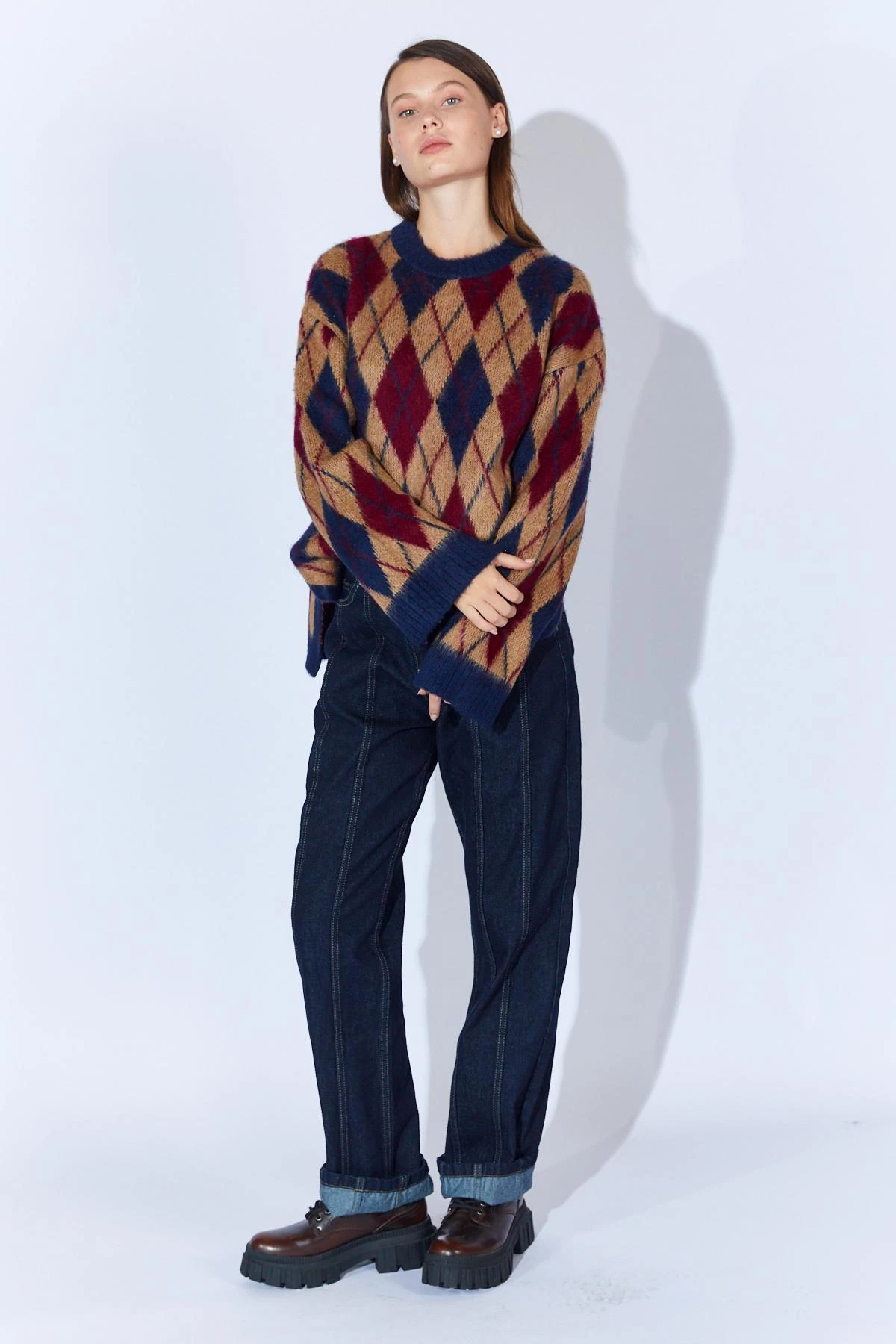 Kadın Baklava Desenli Şardonlu Salaş Triko Kazak