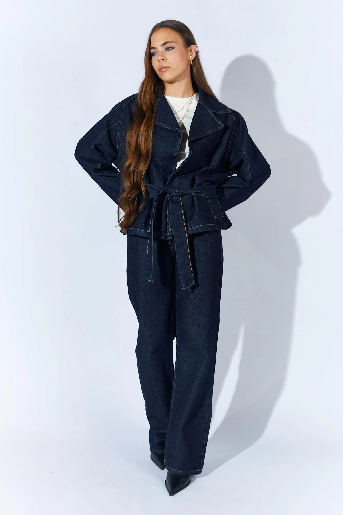 Kadın Kruvaze Kuşalı Ceket Palazzo Pantolonlu Jean Takım