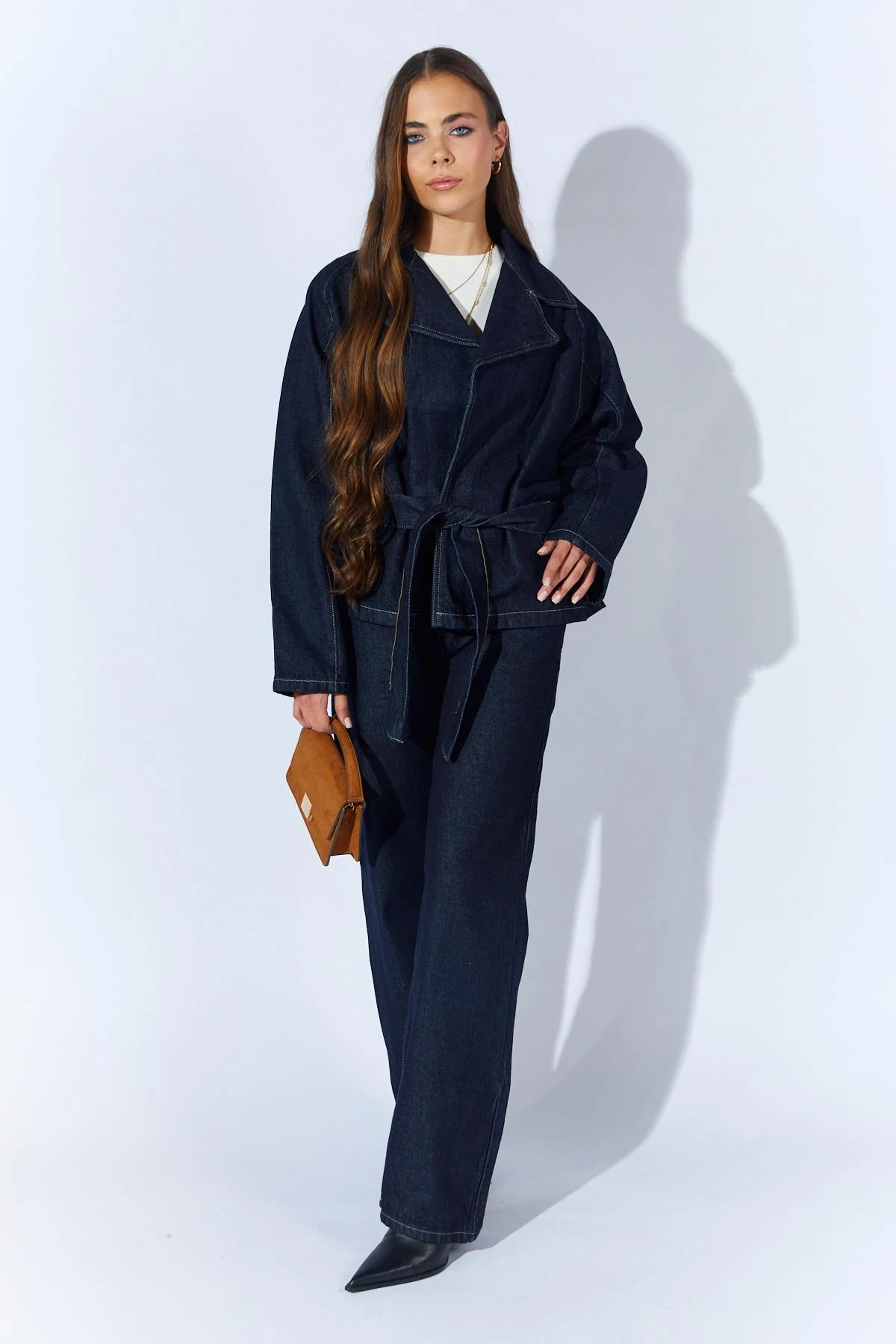 Kadın Kruvaze Kuşalı Ceket Palazzo Pantolonlu Jean Takım