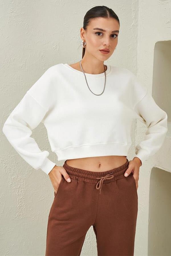 Kadın Bisiklet Yaka Üç İplik Oversize Crop Sweatshirt