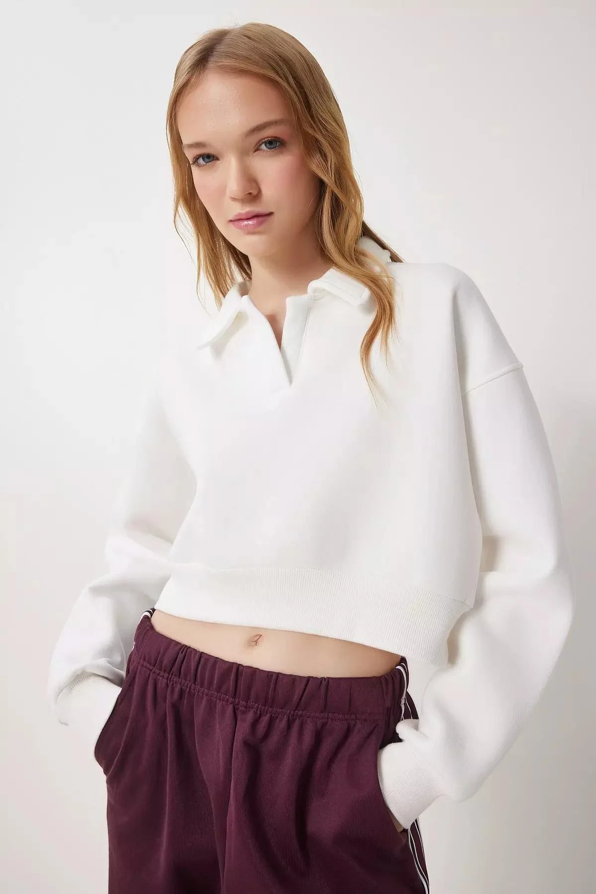 Kadın Gömlek Yaka Üç İplik Sweatshirt