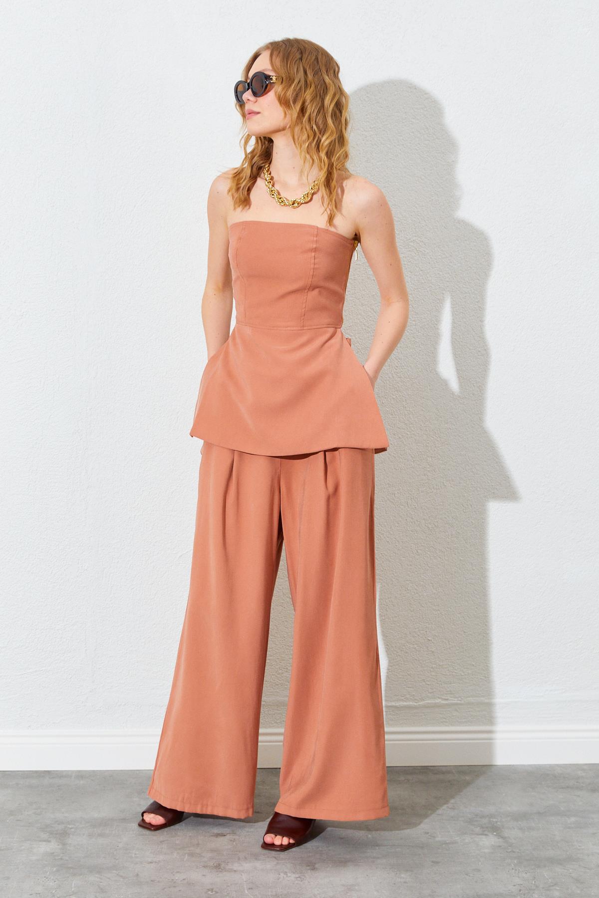 Kadın Straplez Bluzlu Palazzo Pantolonlu Takım