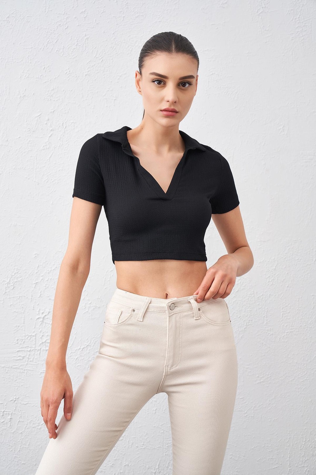 Kadın Polo Yaka Bürümcük Kumaş Crop