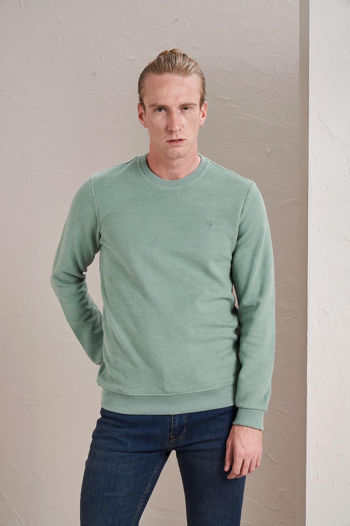 Erkek (2304)Bisiklet Yaka Basic Selanik Sweatshirt - Yosun