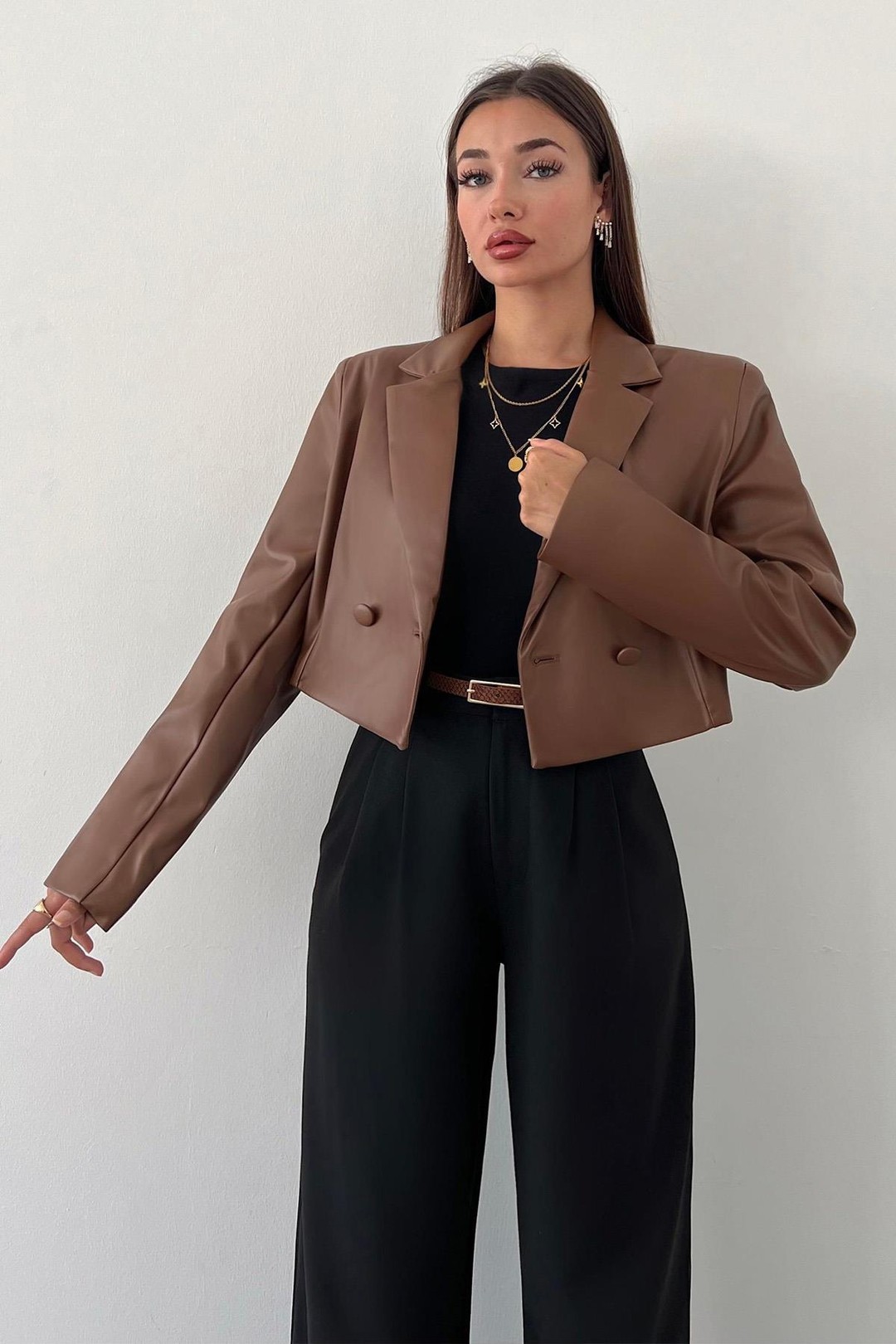 Kadın (39002-1)Crop Blazer Deri Ceket - Taba