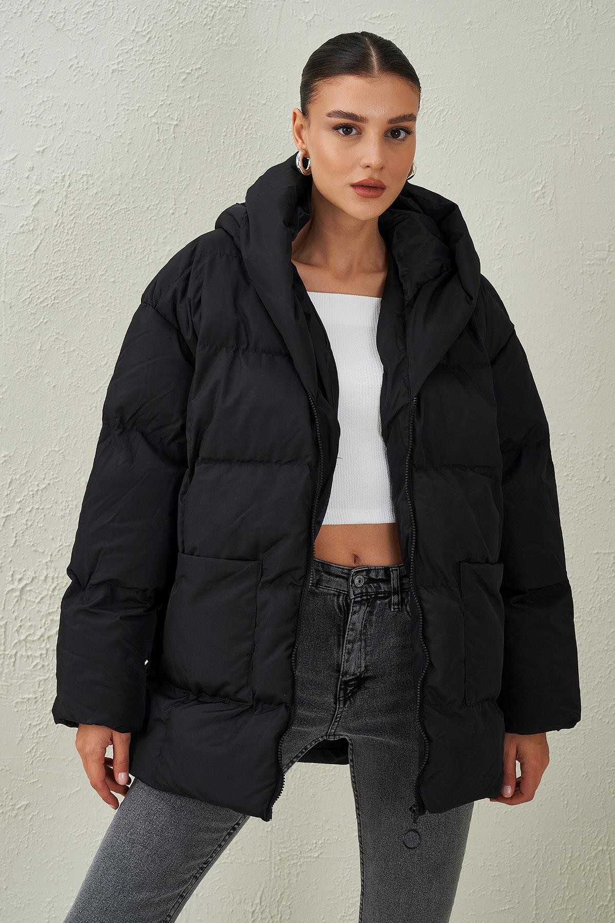 Kadın Torba Cepli Oversize Mont