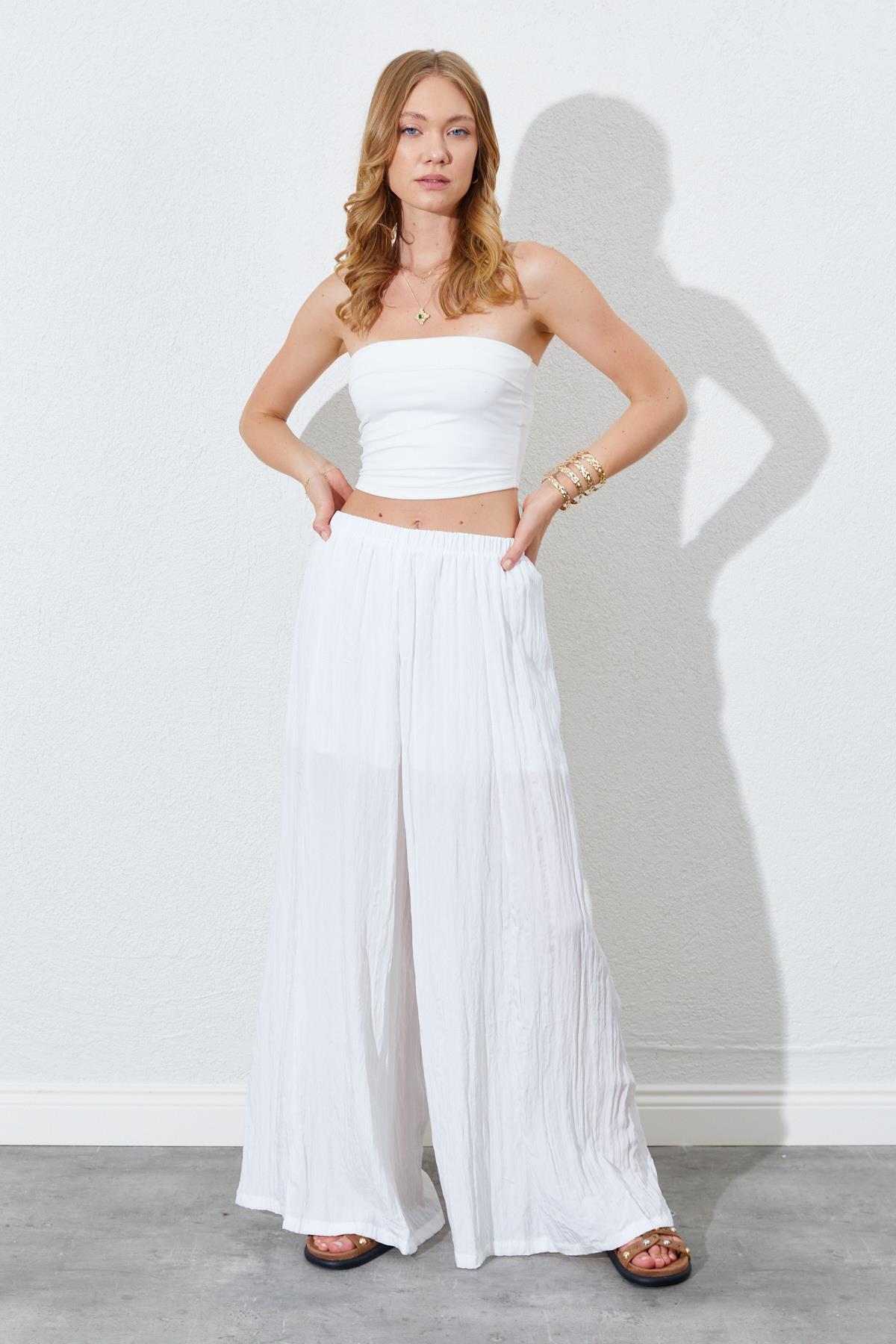 Kadın Beli Lastikli Bol Paça Kırışık Pantolon