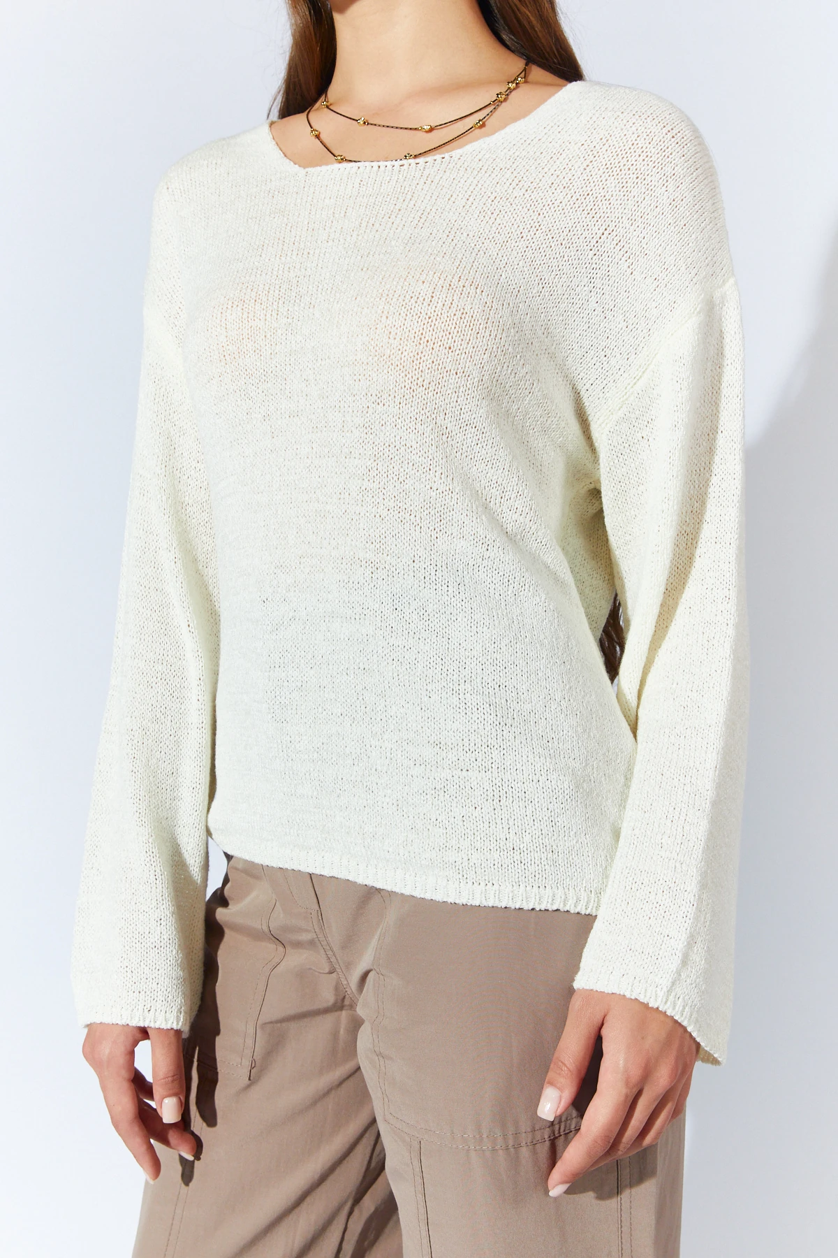 Kadın U Yaka Kolları Salaş Basic Triko Kazak