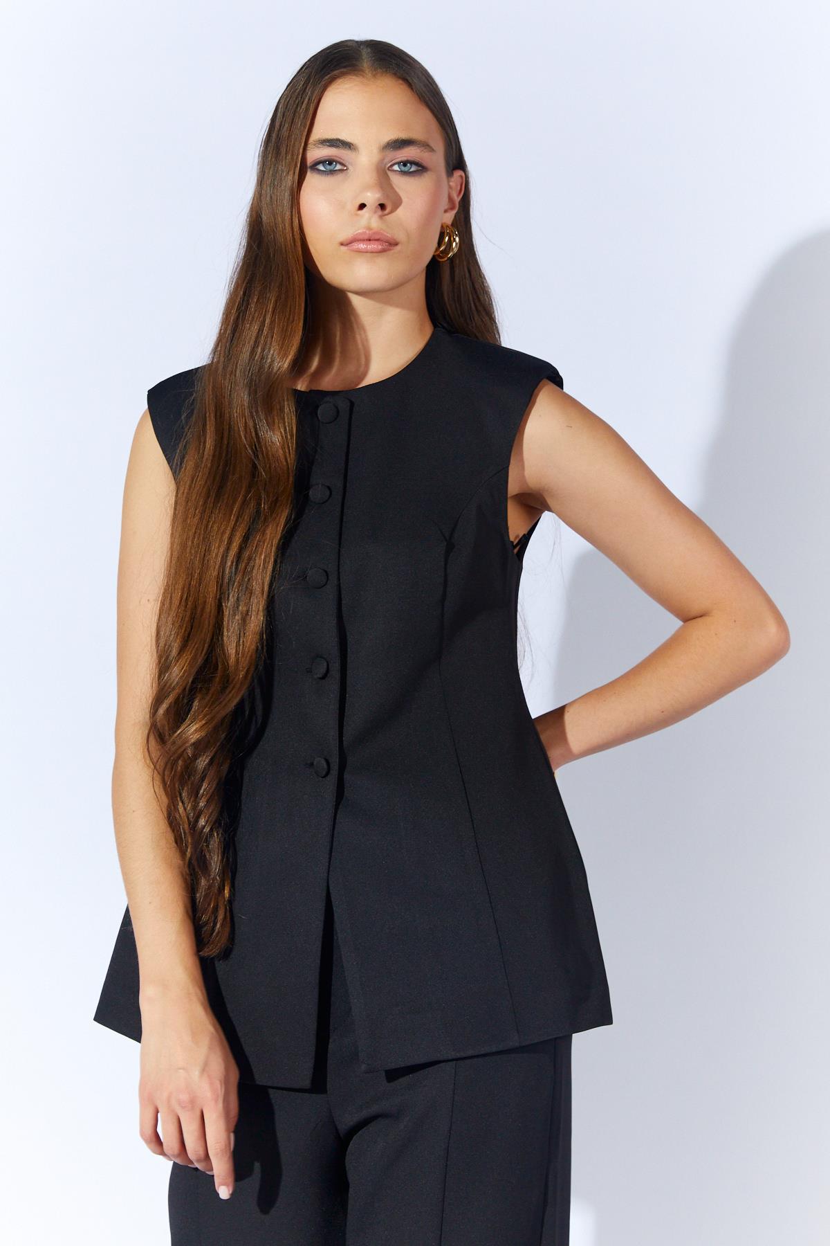 Kadın 1191 Kaplama Düğmeli Peplum Model Yelek