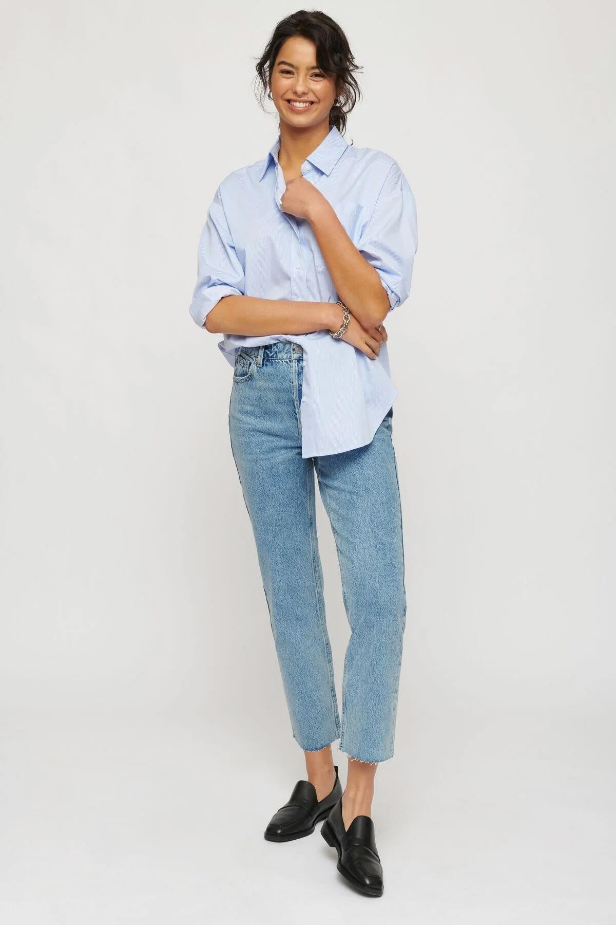 Kadın Paça Düz Lazer Lesimi High Waist Leg Jeans