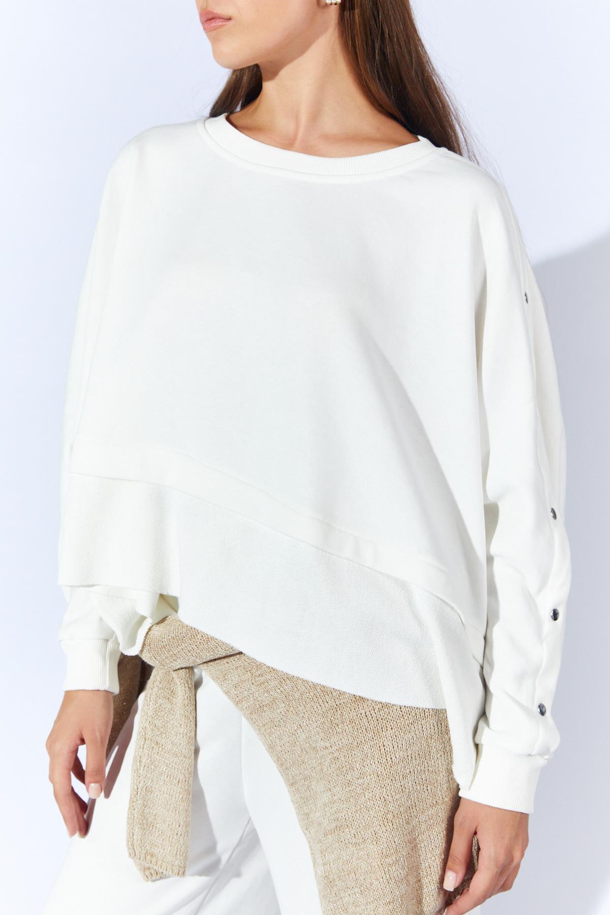 Kadın Bisiklet Yaka Kolları Çıtçıtlı Düşük Omuzlu Sweatshirt