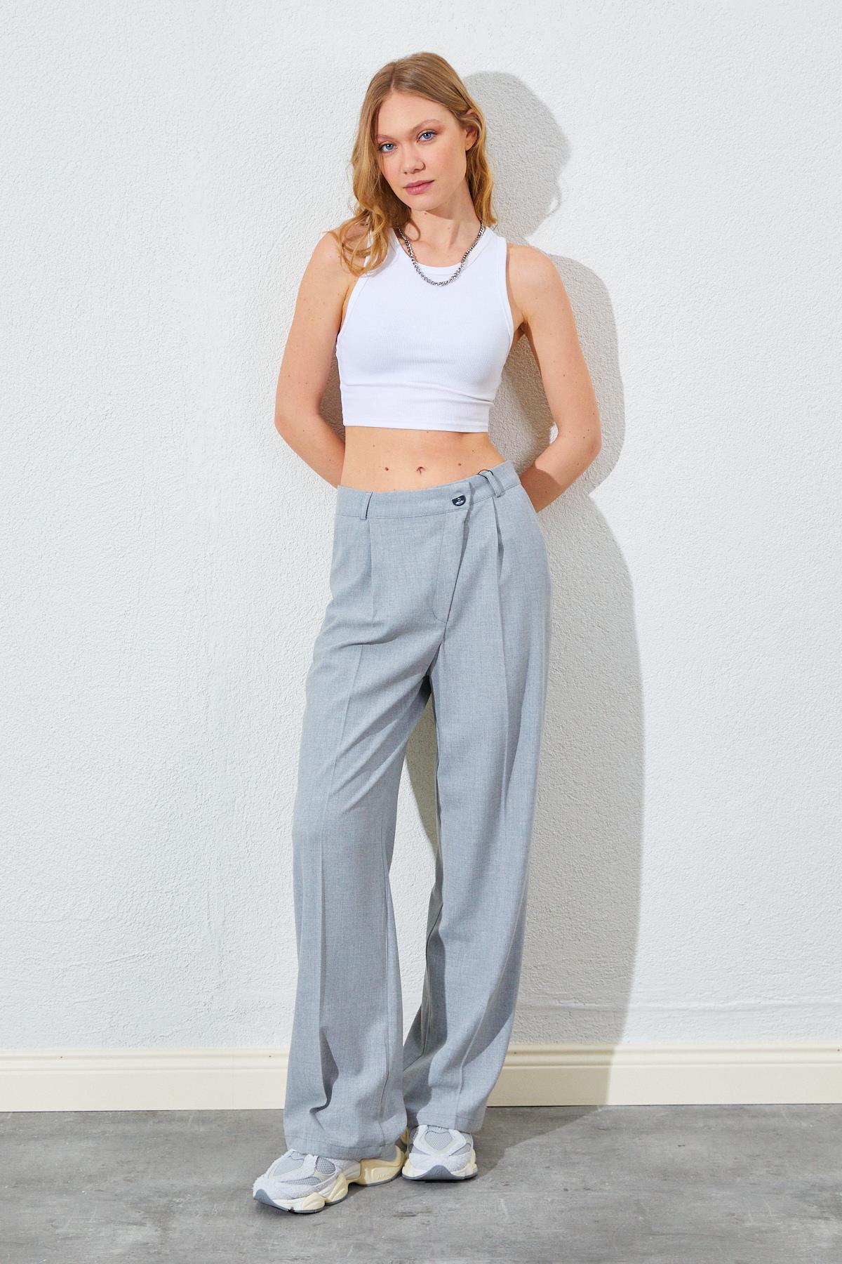 Kadın Yan Düğmeli Poliviskon Pantolon