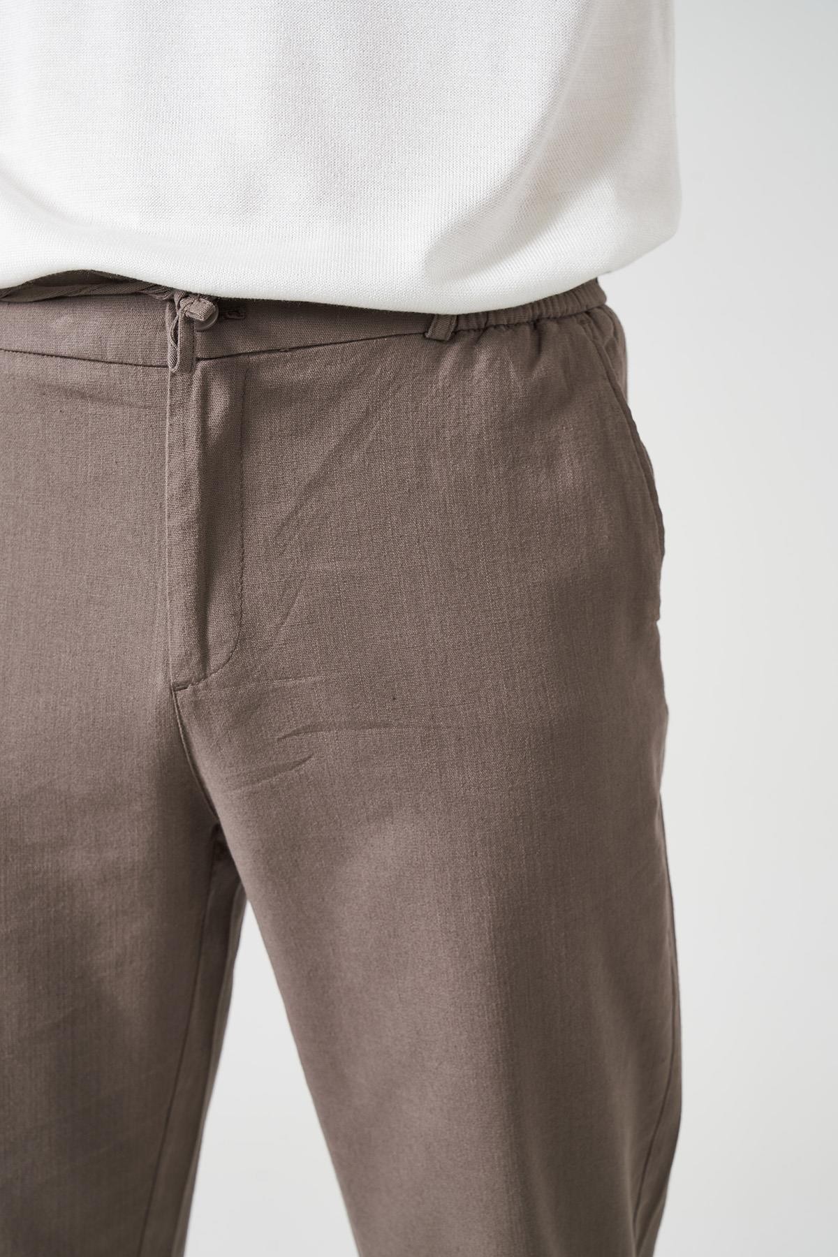 Erkek Beli Yarım Lastikli İpli Fermuarlı Nergis Keten Pantolon