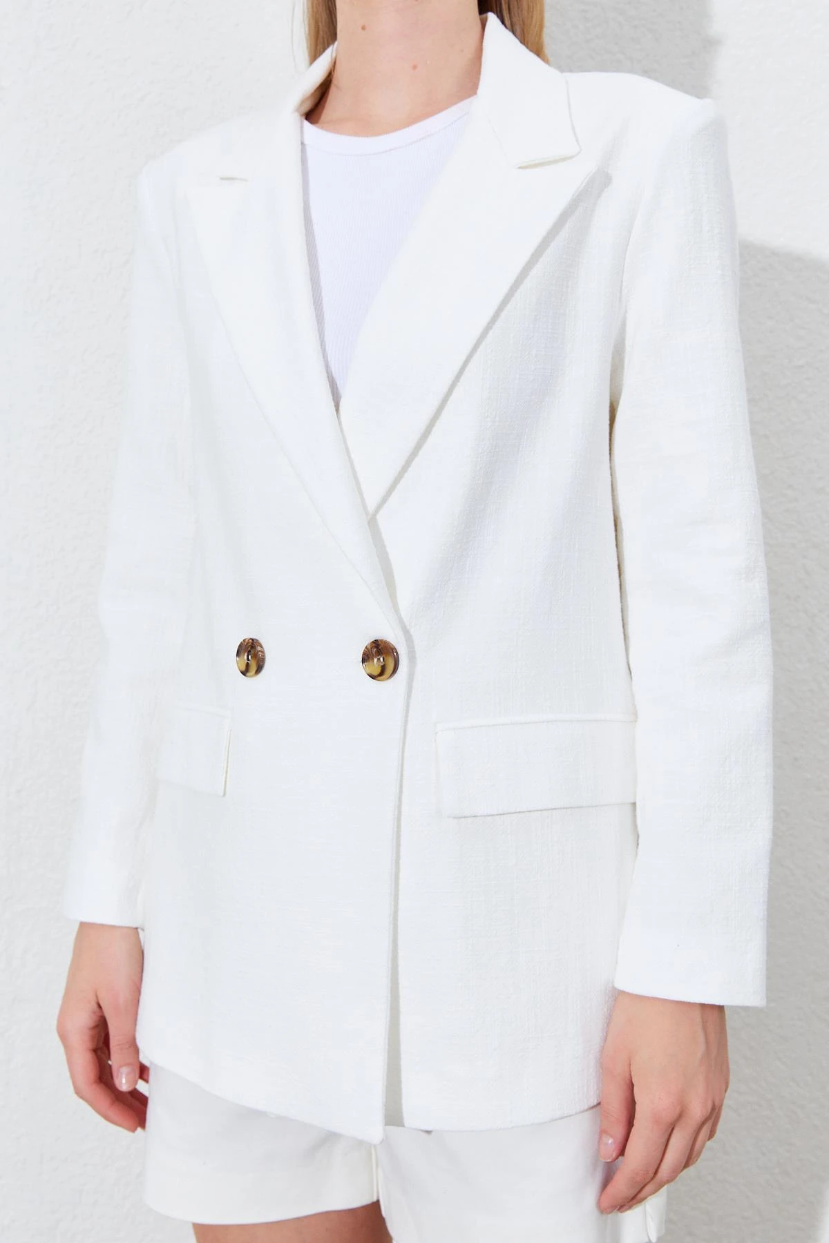 Kadın Çift Düğmeli Kapak Cepli Keten Blazer Ceket