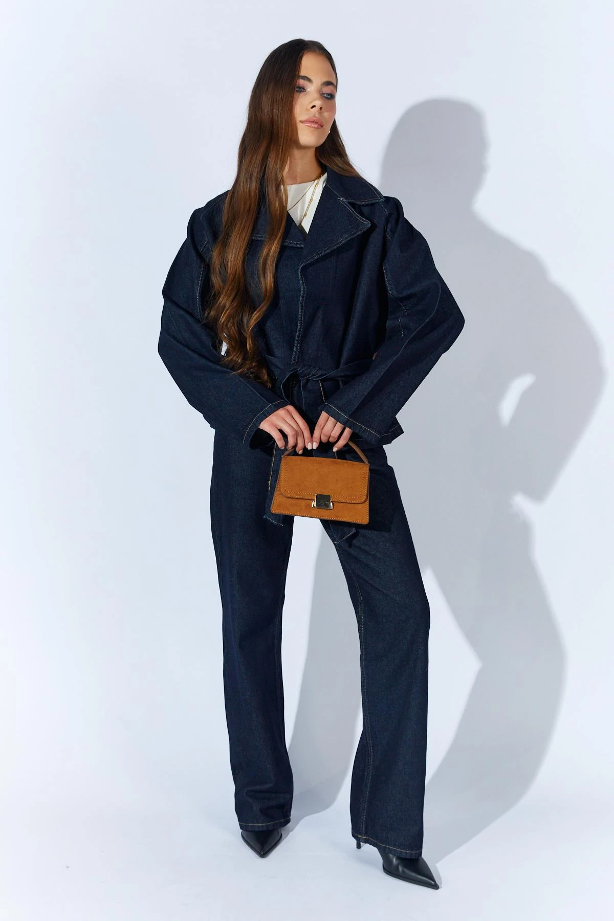 Kadın Kruvaze Kuşalı Ceket Palazzo Pantolonlu Jean Takım