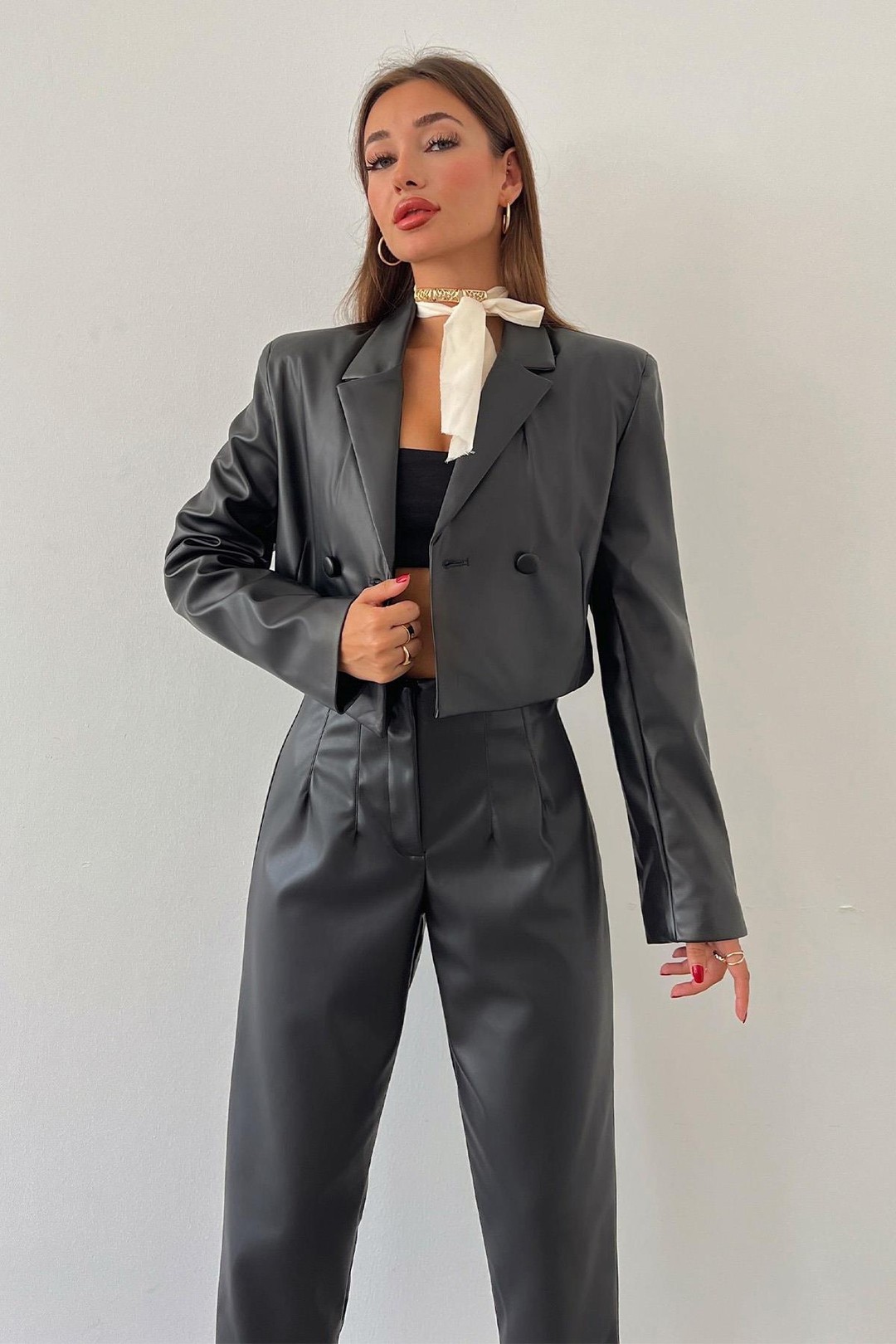 Kadın (39002-1)Crop Blazer Deri Ceket - SIYAH