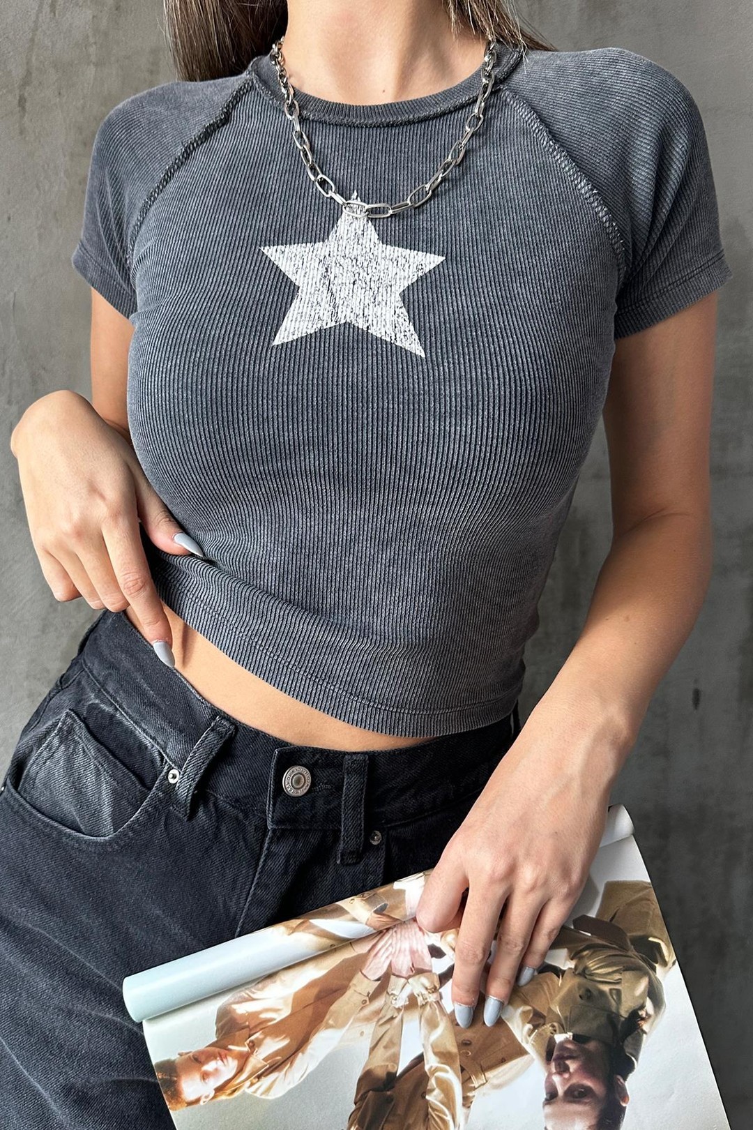 Kadın Yıkamalı Yıldız Baskılı Kaşkorse Crop Tişört
